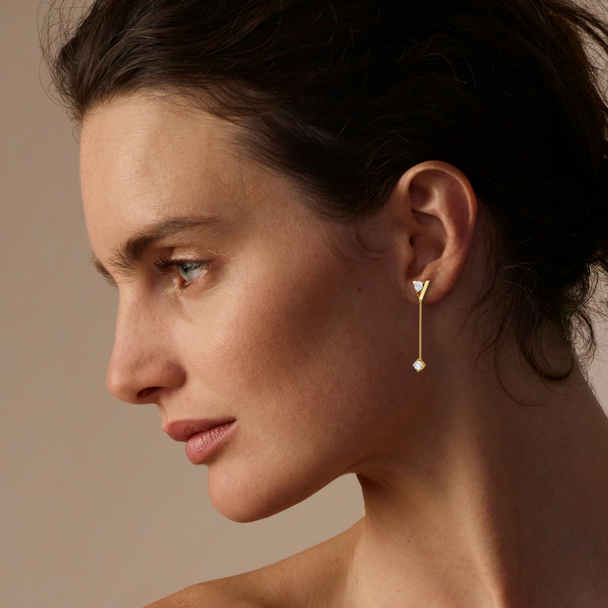 VRAI V Duo Dangle Earring | Round Brilliant and Round Brilliant | 14k | Yellow Gold
