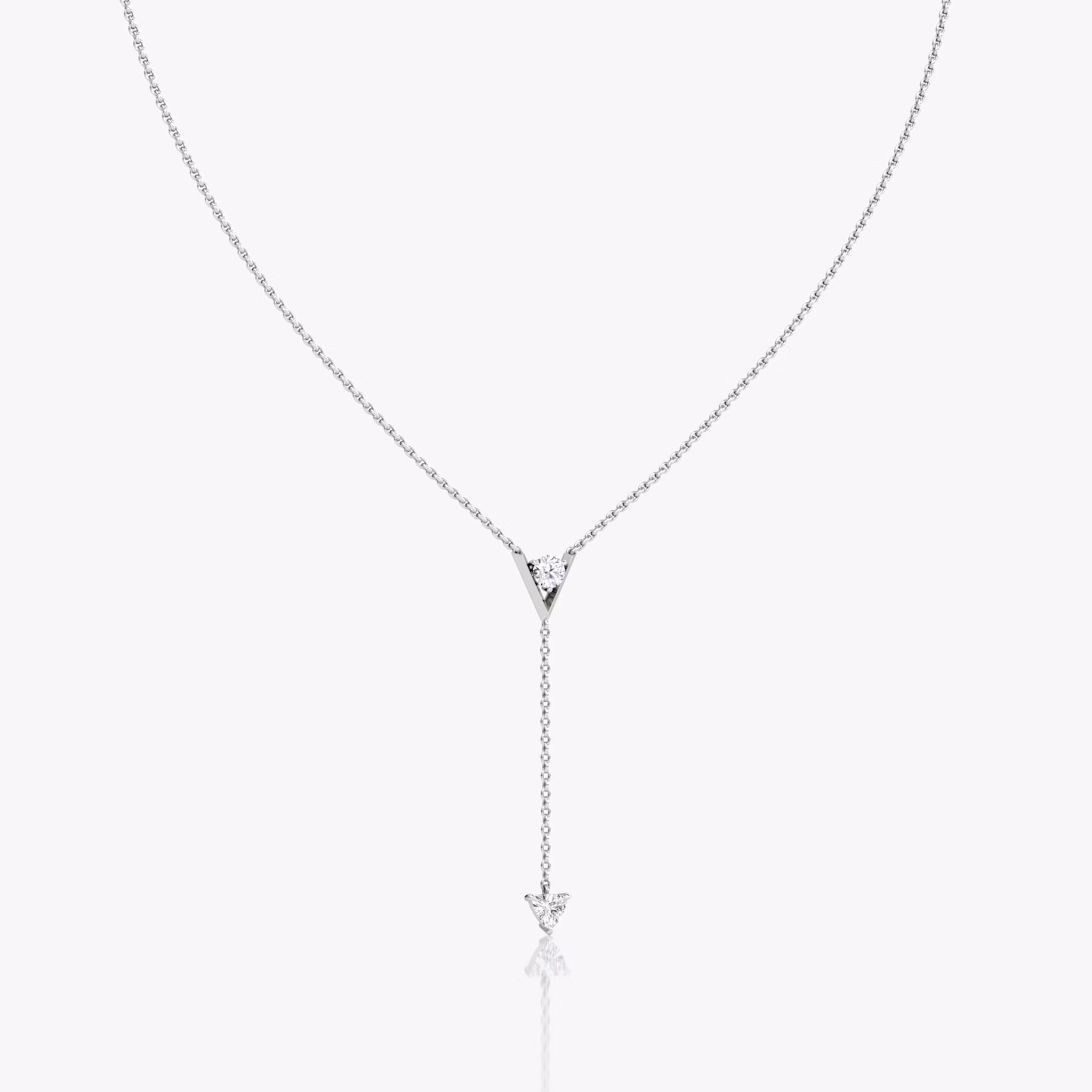 VRAI V Duo Lariat Necklace | Round Brilliant and Trillion | 14k | White Gold | chainLength: 16-18
