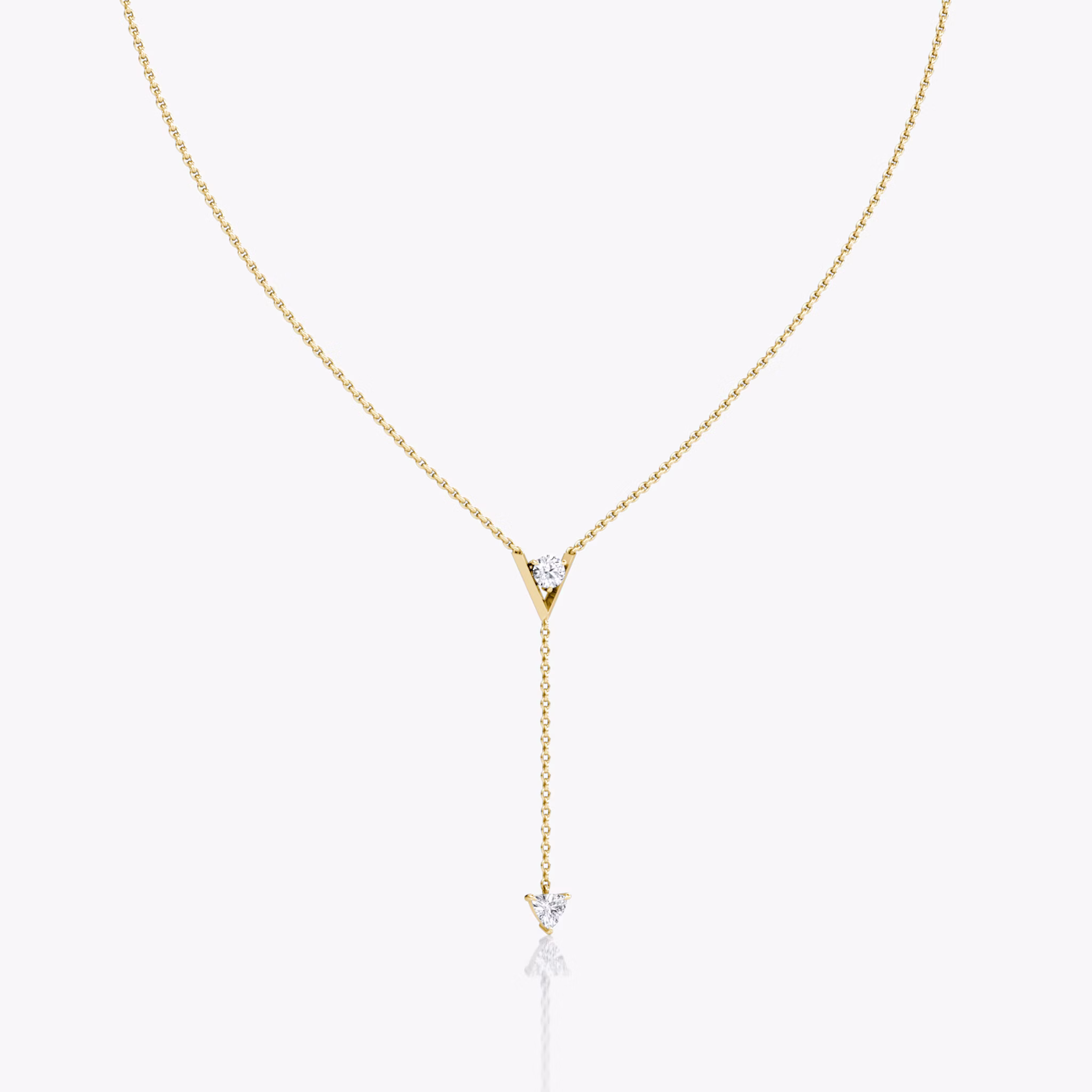 VRAI V Duo Lariat Necklace | Round Brilliant and Trillion | 14k | Yellow Gold | chainLength: 16-18