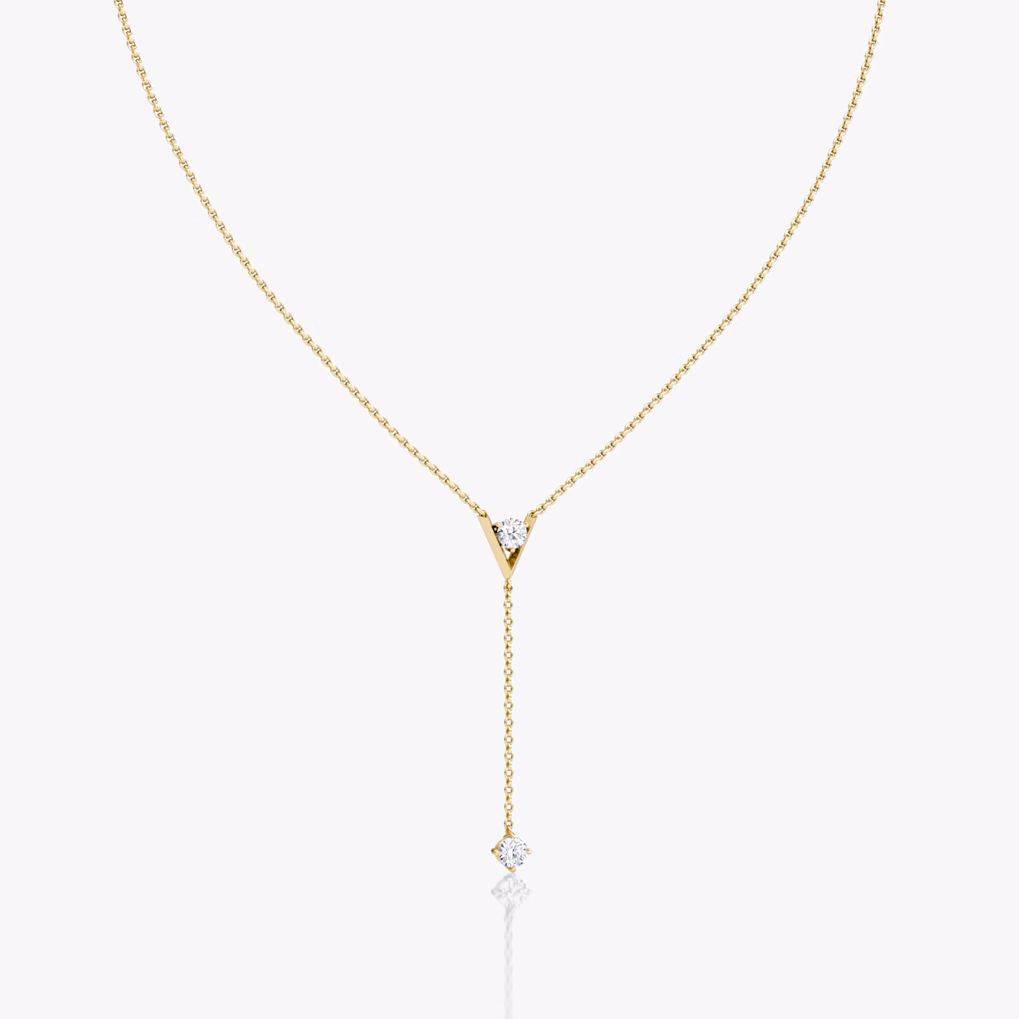VRAI V Duo Lariat Necklace | Round Brilliant and Round Brilliant | 14k | Yellow Gold | chainLength: 16-18