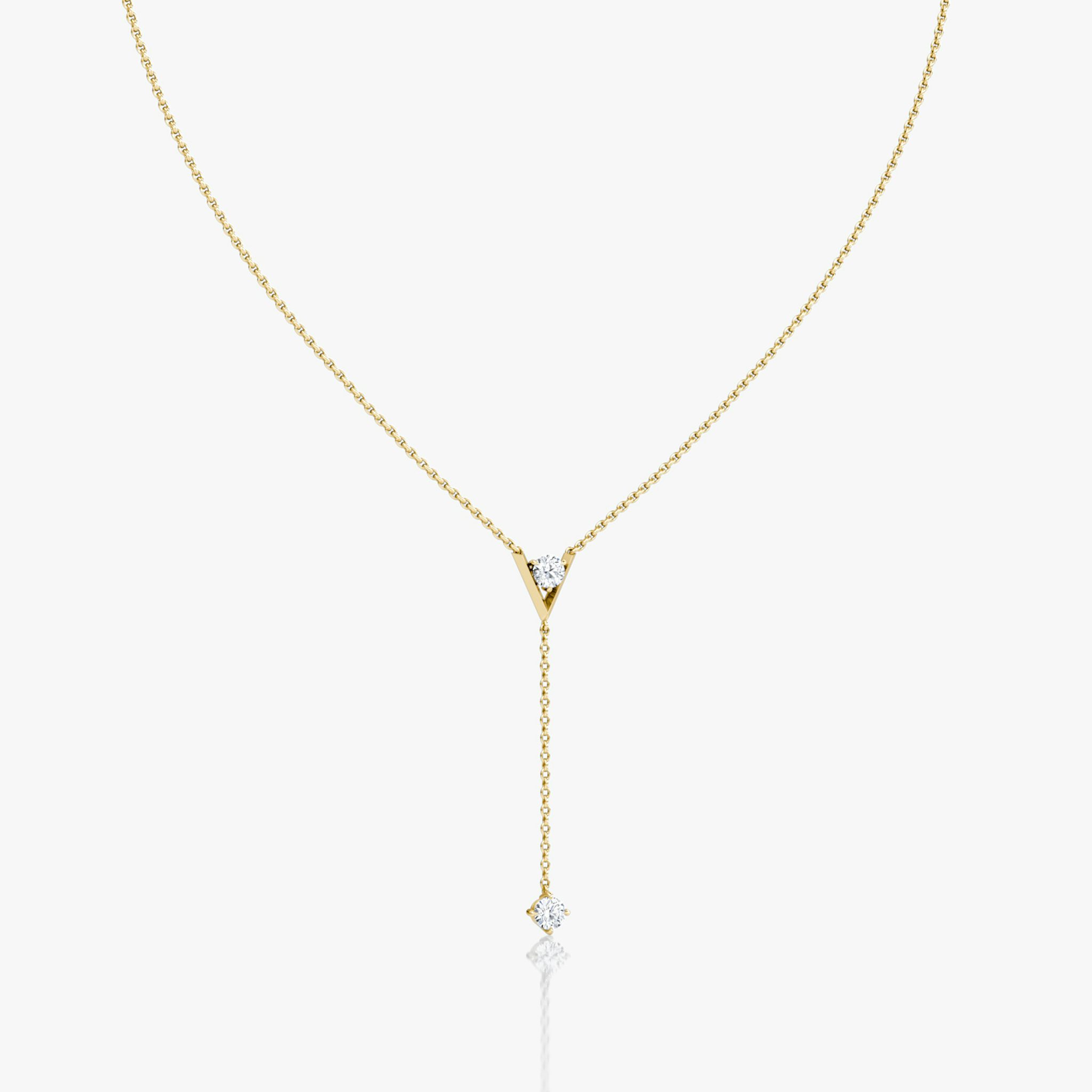 VRAI V Duo Lariat Necklace | Round Brilliant and Round Brilliant | 14k | Yellow Gold | chainLength: 16-18