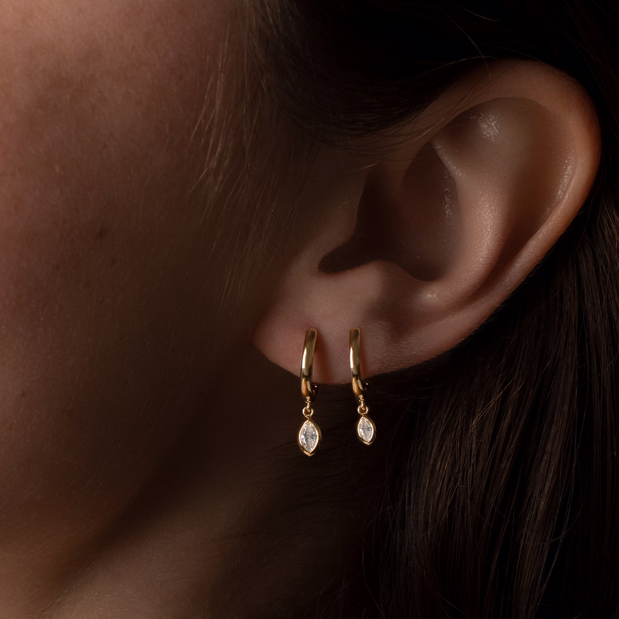 Knife-Edge Bezel Drop Huggie Hoop | Marquise | 14k | Yellow Gold | caratWeight: 0.25ct