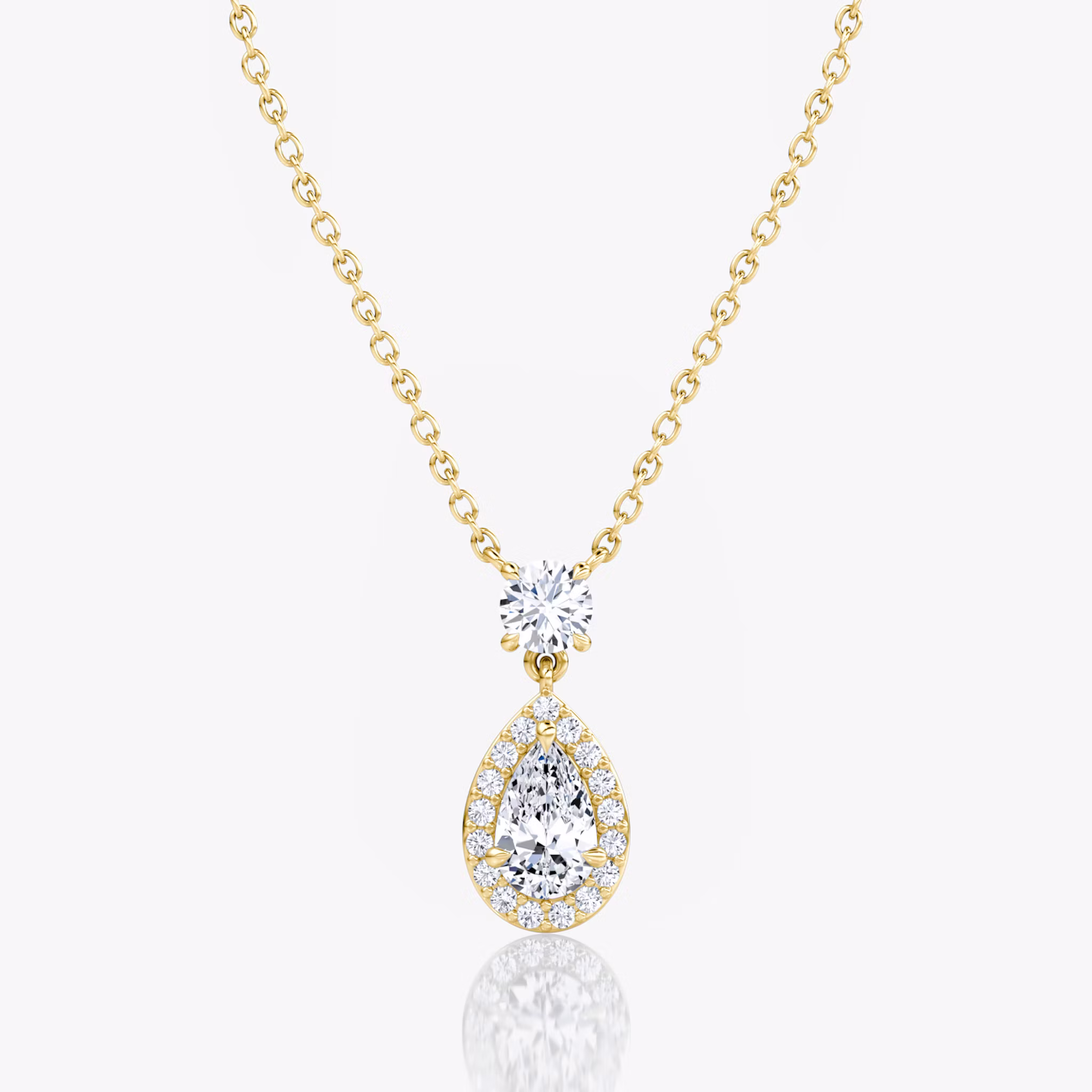 Signature Pear Drop Halo Necklace Round Brilliant | Yellow Gold