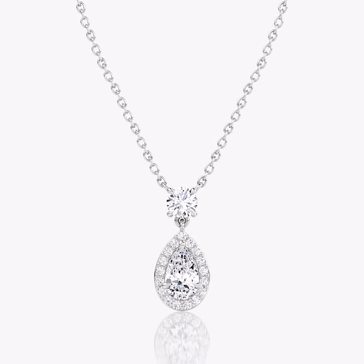 Signature Pear Drop Halo Necklace | Round Brilliant | 14k | White Gold | chainLength: 16-18