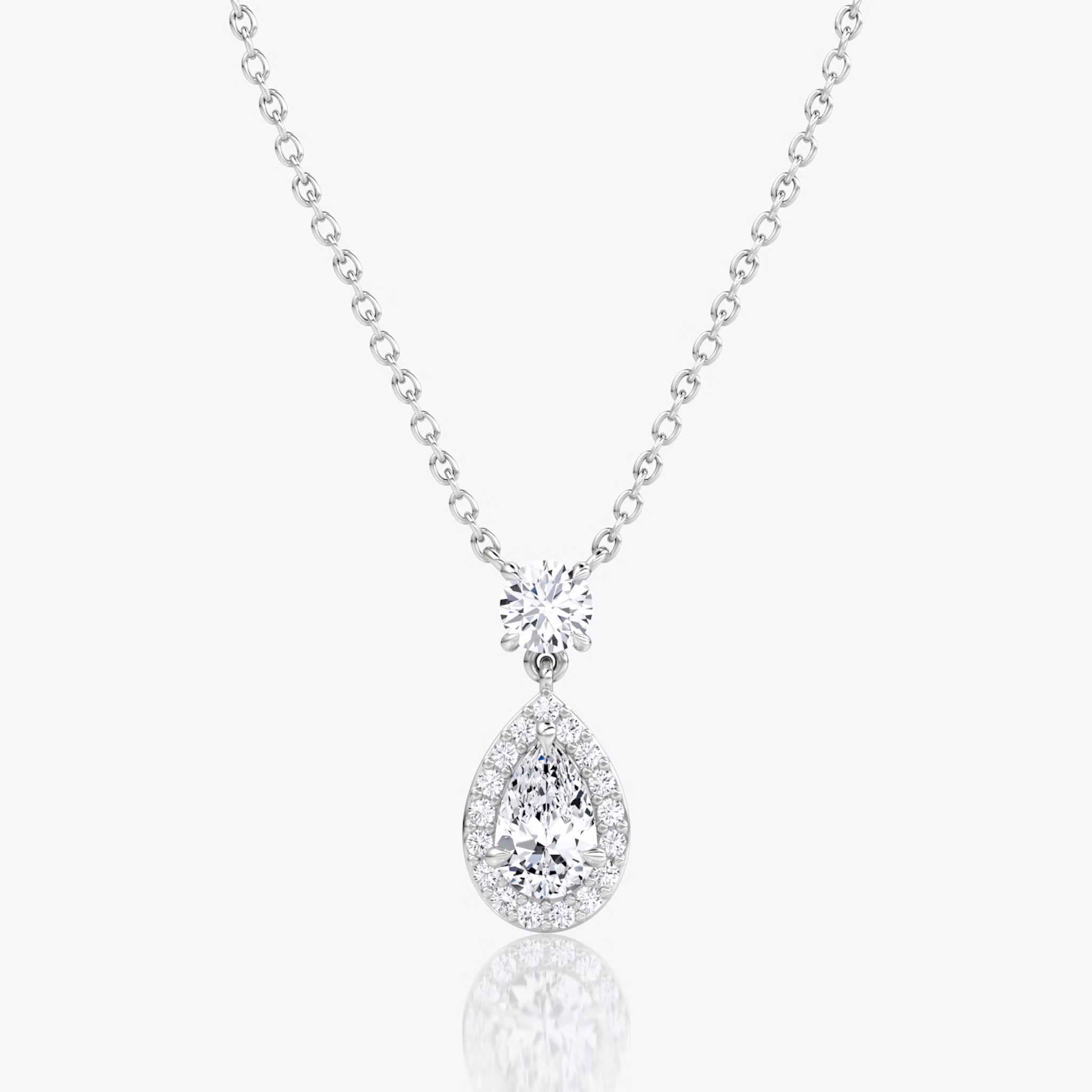Signature Pear Drop Halo Necklace | Round Brilliant | 14k | White Gold | chainLength: 16-18