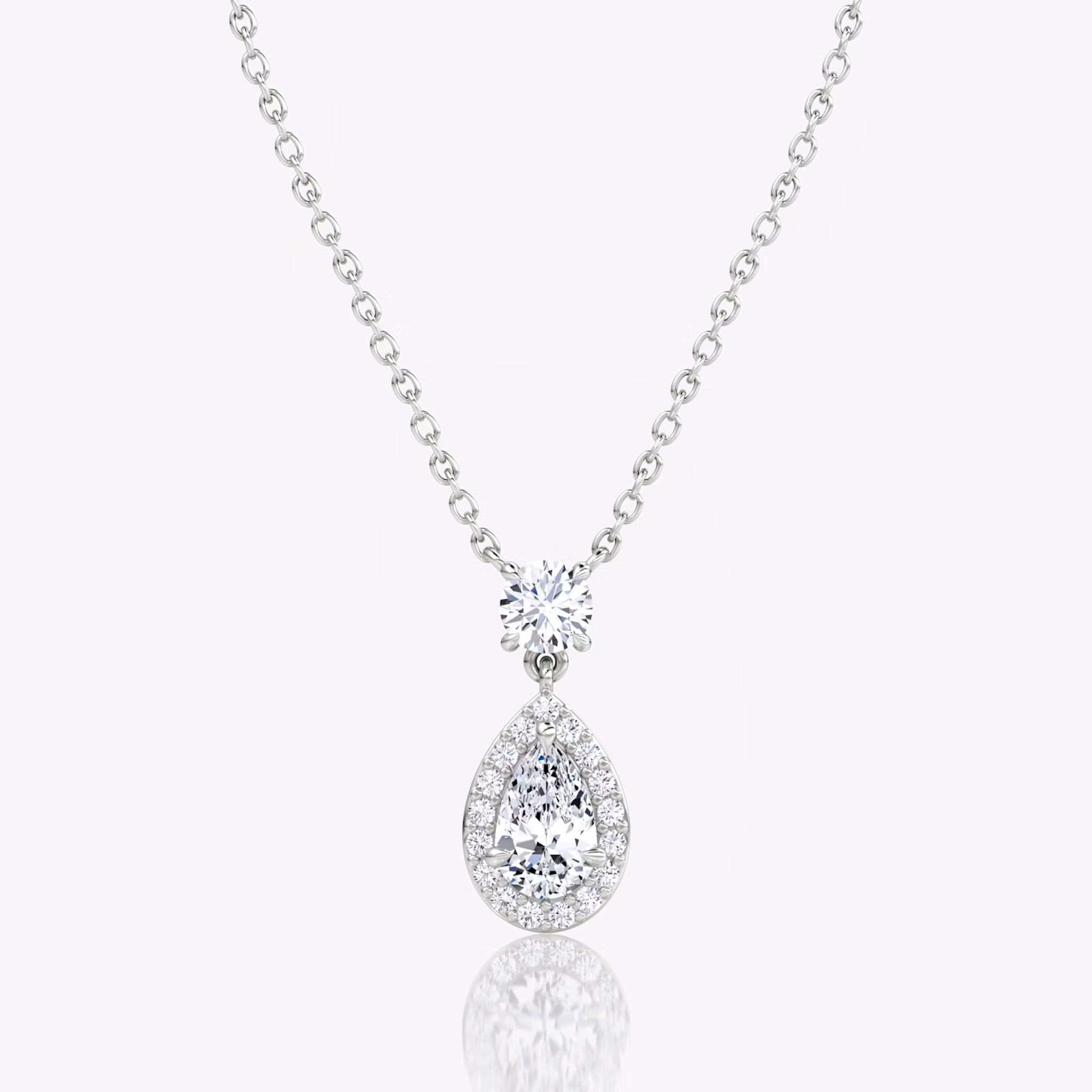 Signature Pear Drop Halo Necklace Round Brilliant | White Gold