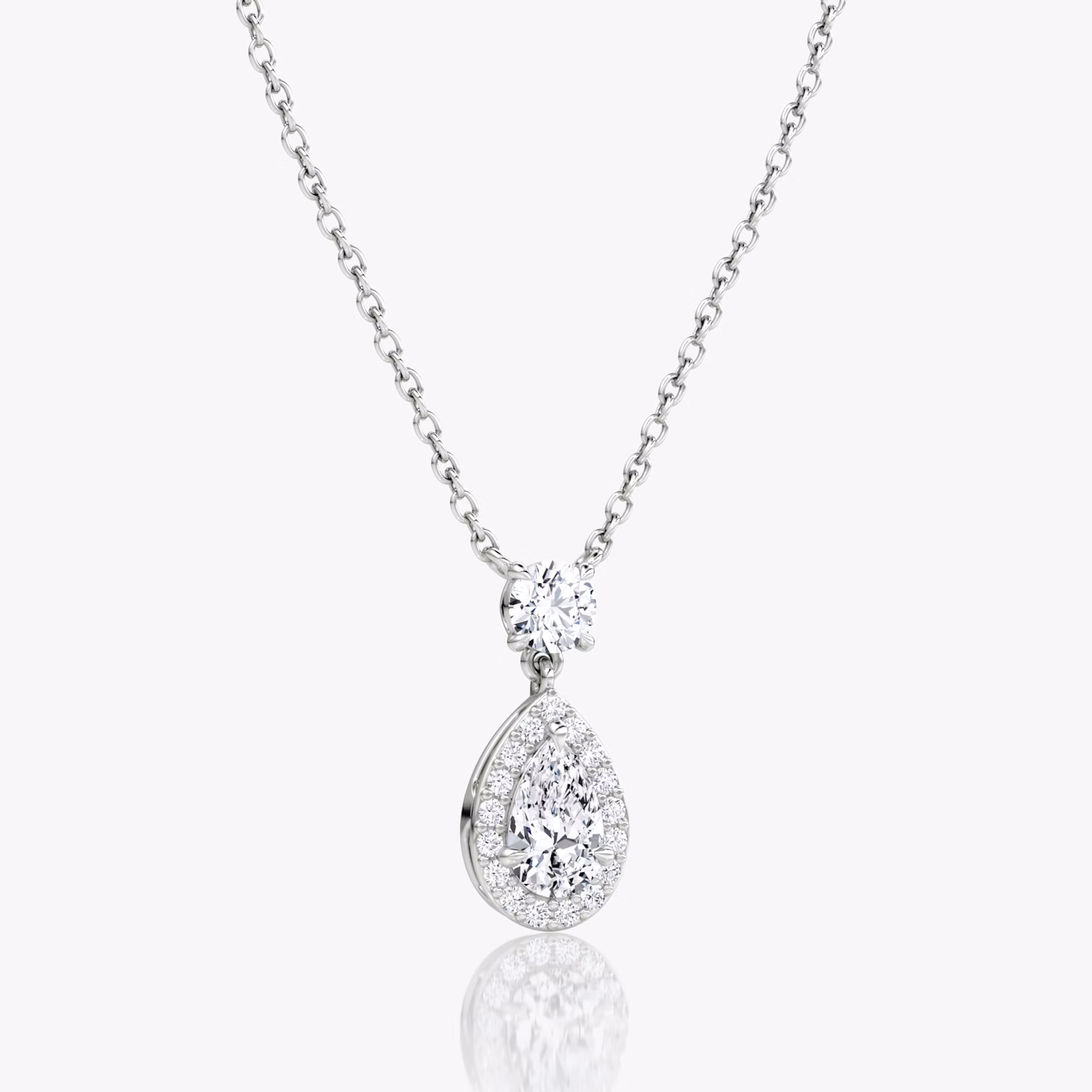 Signature Pear Drop Halo Necklace | Round Brilliant | 14k | White Gold | chainLength: 16-18