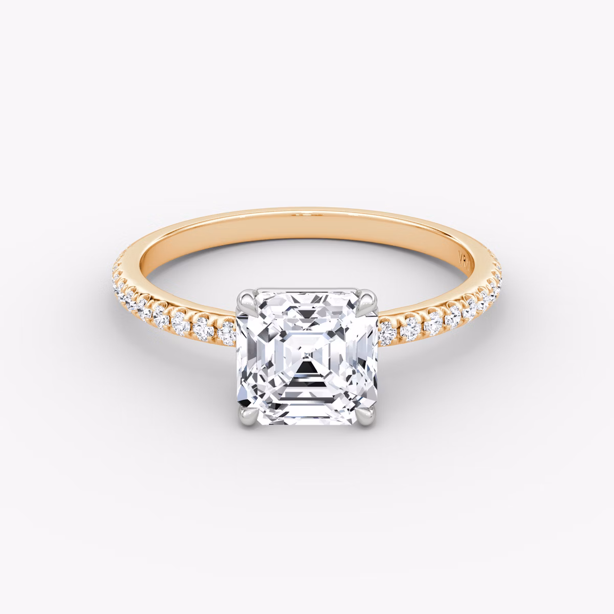 The Signature | Asscher | 14k | Rose Gold and Platinum | bandAccent: Pavé | bandWidth: standard | hiddenHalo: no | diamondOrientation: vertical | caratWeight: other