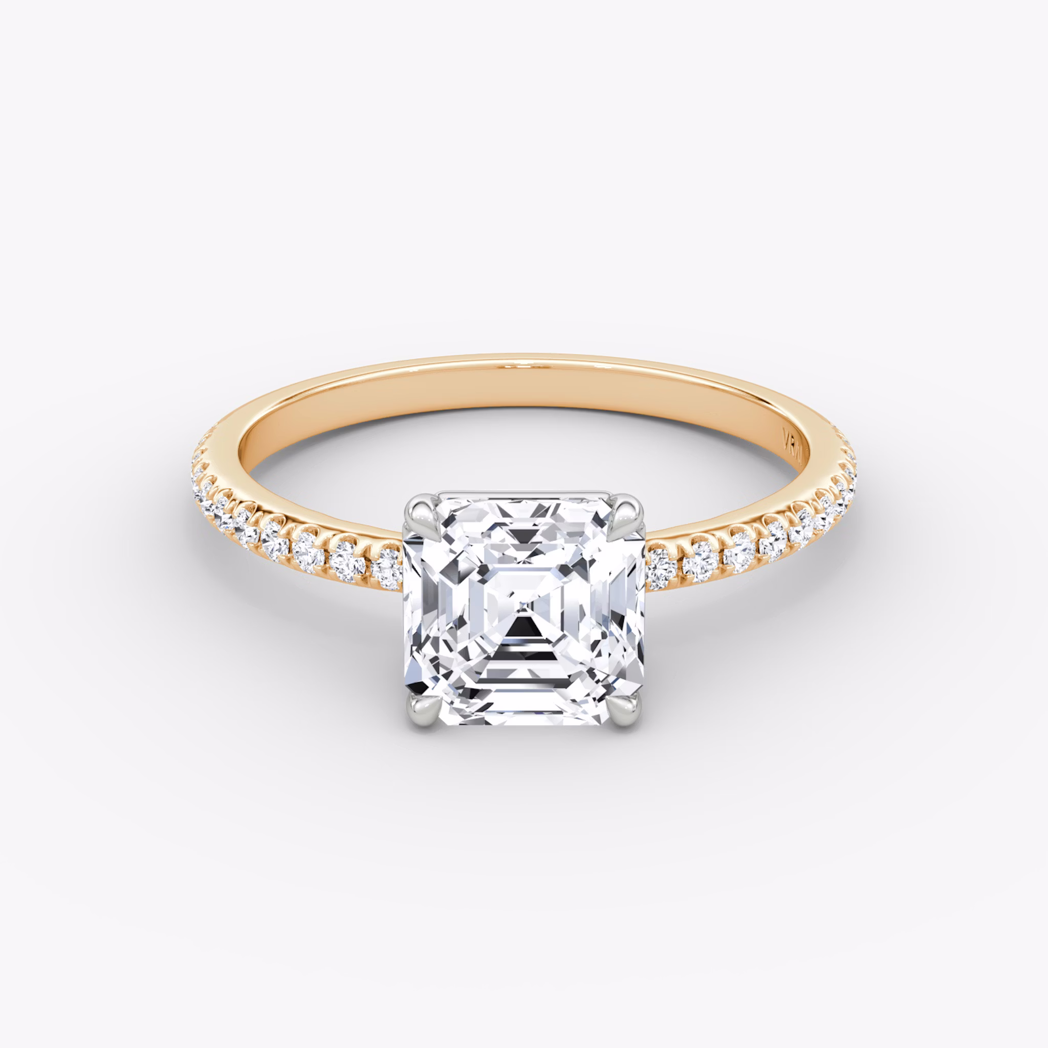 The Signature | Asscher | 14k | Rose Gold and Platinum | bandAccent: Pavé | bandWidth: standard | hiddenHalo: no | diamondOrientation: vertical | caratWeight: other