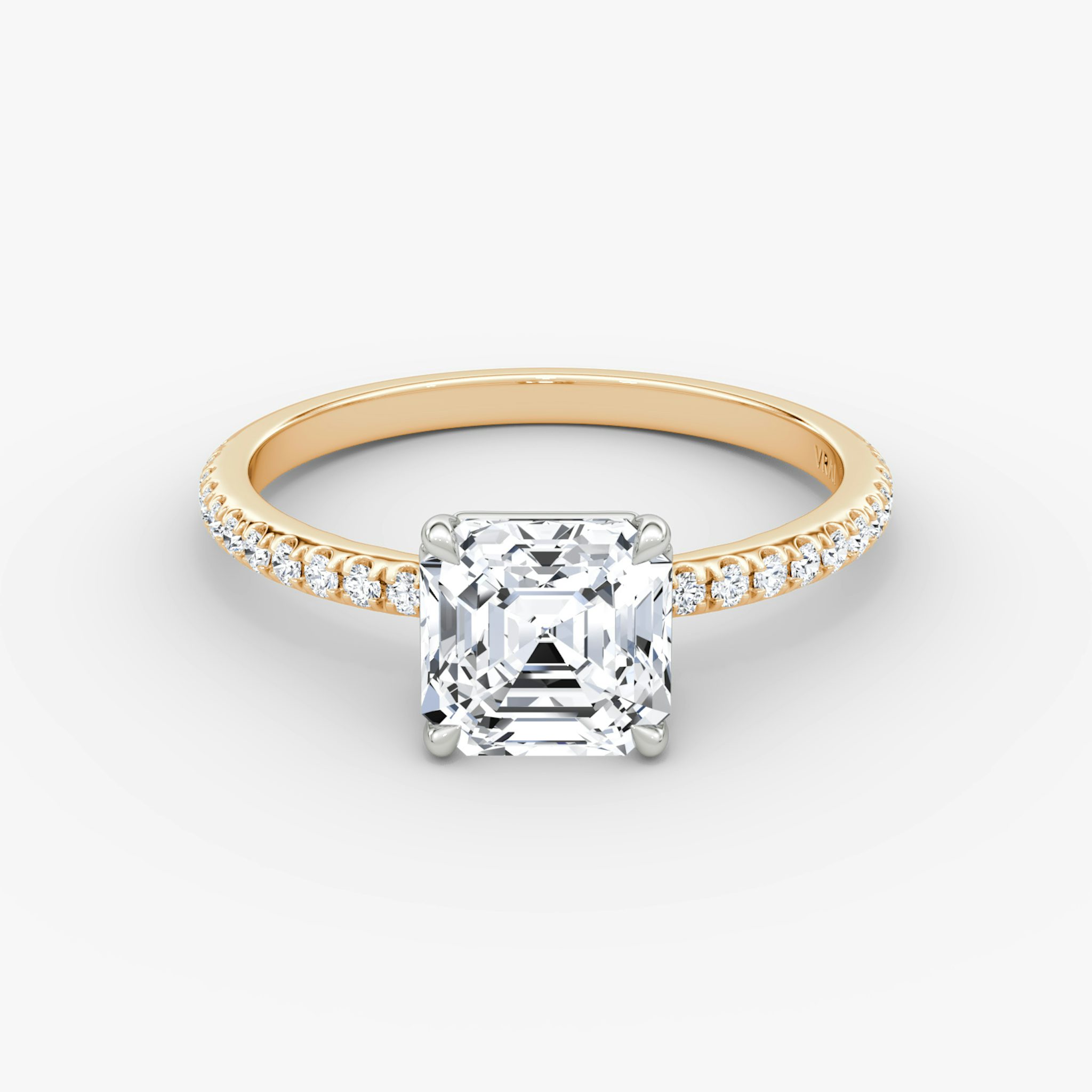 The Signature | Asscher | 14k | Rose Gold and Platinum | bandAccent: Pavé | bandWidth: standard | hiddenHalo: no | diamondOrientation: vertical | caratWeight: other