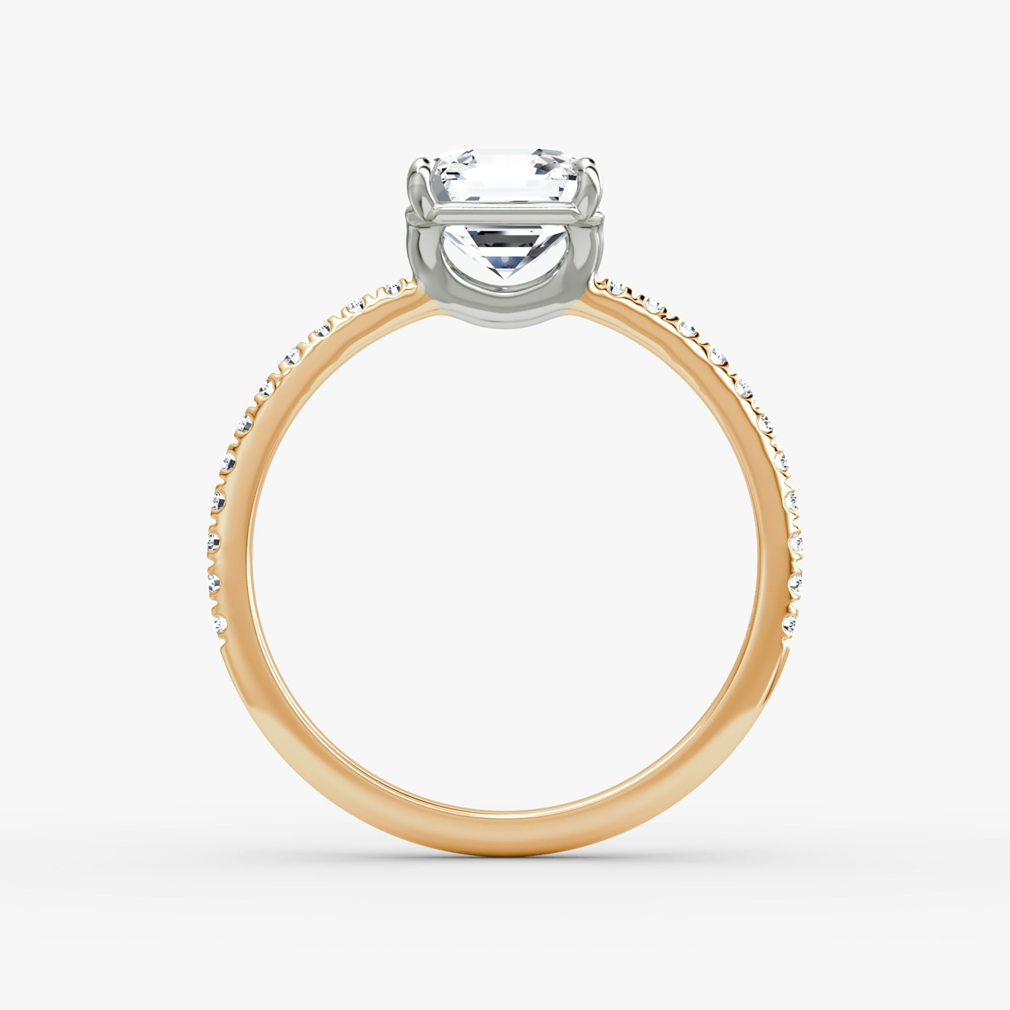 The Signature | Asscher | 14k | Rose Gold and Platinum | bandAccent: Pavé | bandWidth: standard | hiddenHalo: no | diamondOrientation: vertical | caratWeight: other