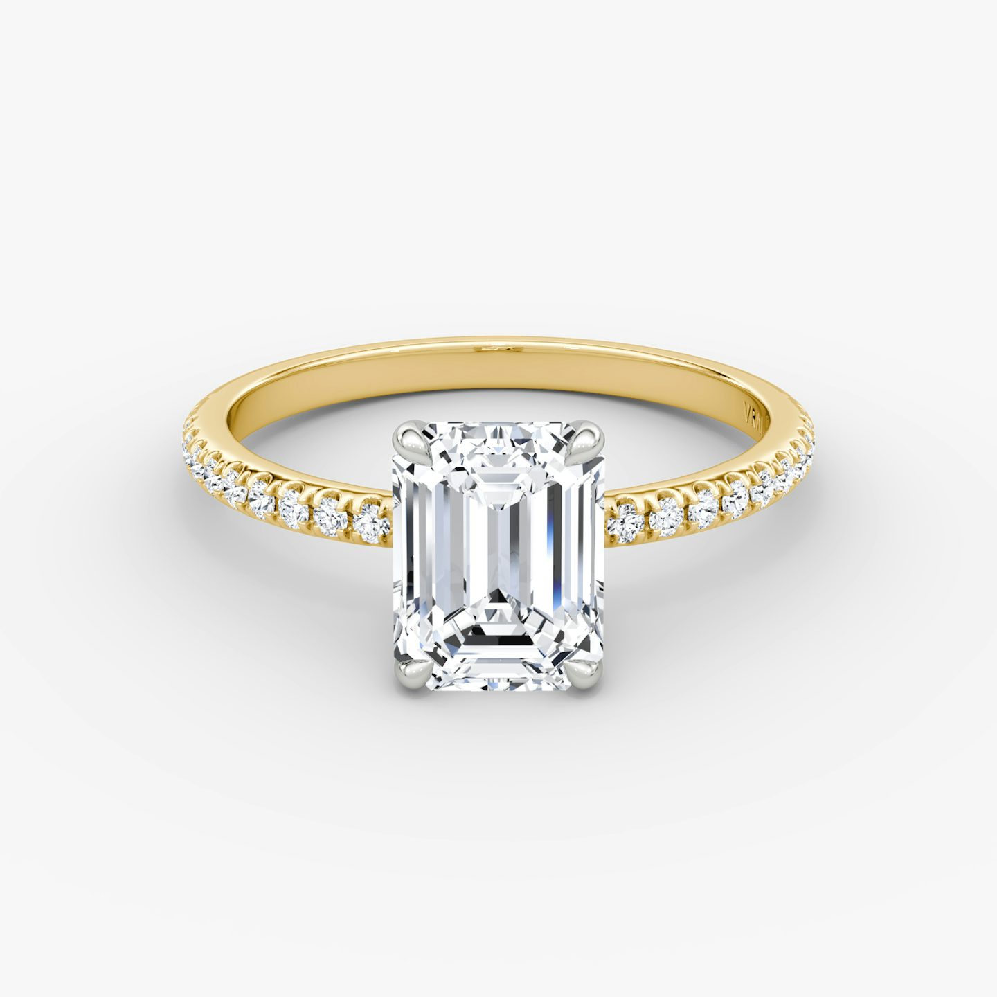 The Signature | Emerald | 18k | Yellow Gold and Platinum | bandAccent: Pavé | bandWidth: standard | hiddenHalo: no | diamondOrientation: vertical | caratWeight: other