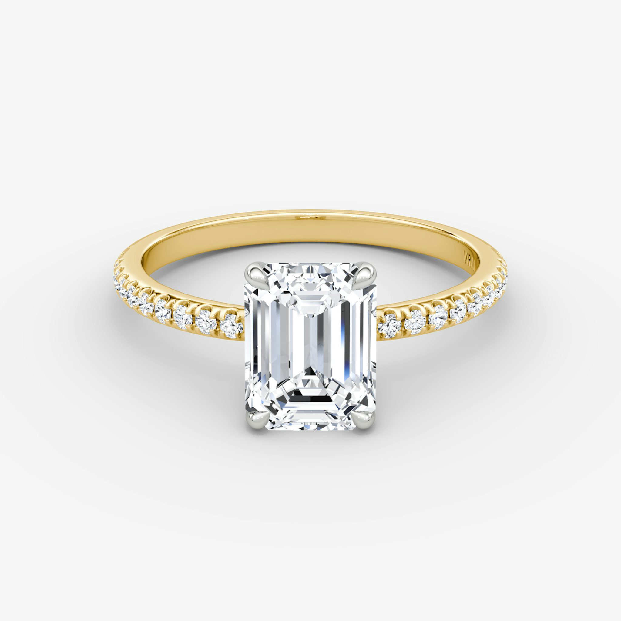 The Signature | Emerald | 18k | Yellow Gold and Platinum | bandAccent: Pavé | bandWidth: standard | hiddenHalo: no | diamondOrientation: vertical | caratWeight: other