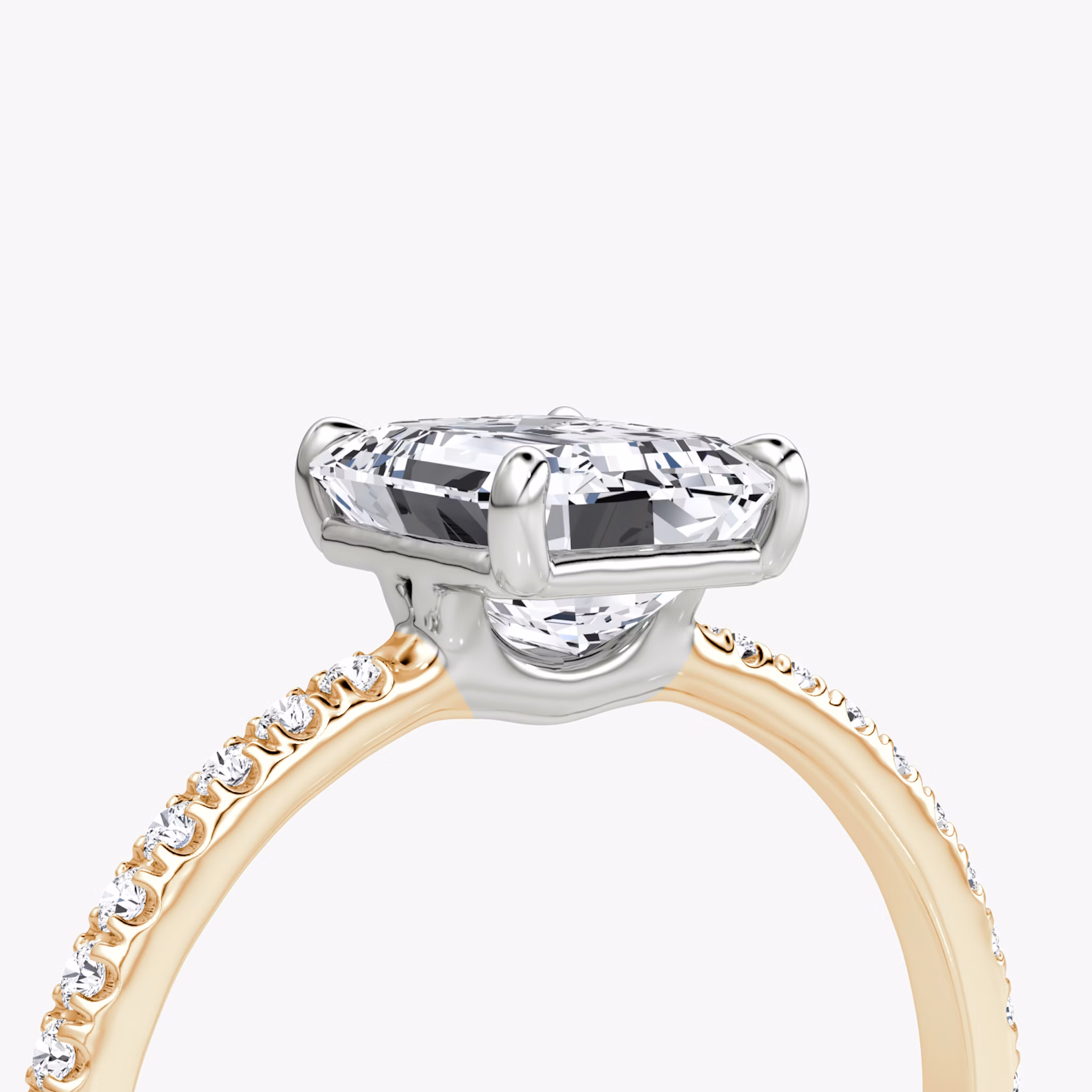 The Signature | Emerald | 14k | Rose Gold and Platinum | bandAccent: Pavé | bandWidth: standard | hiddenHalo: no | diamondOrientation: vertical | caratWeight: other