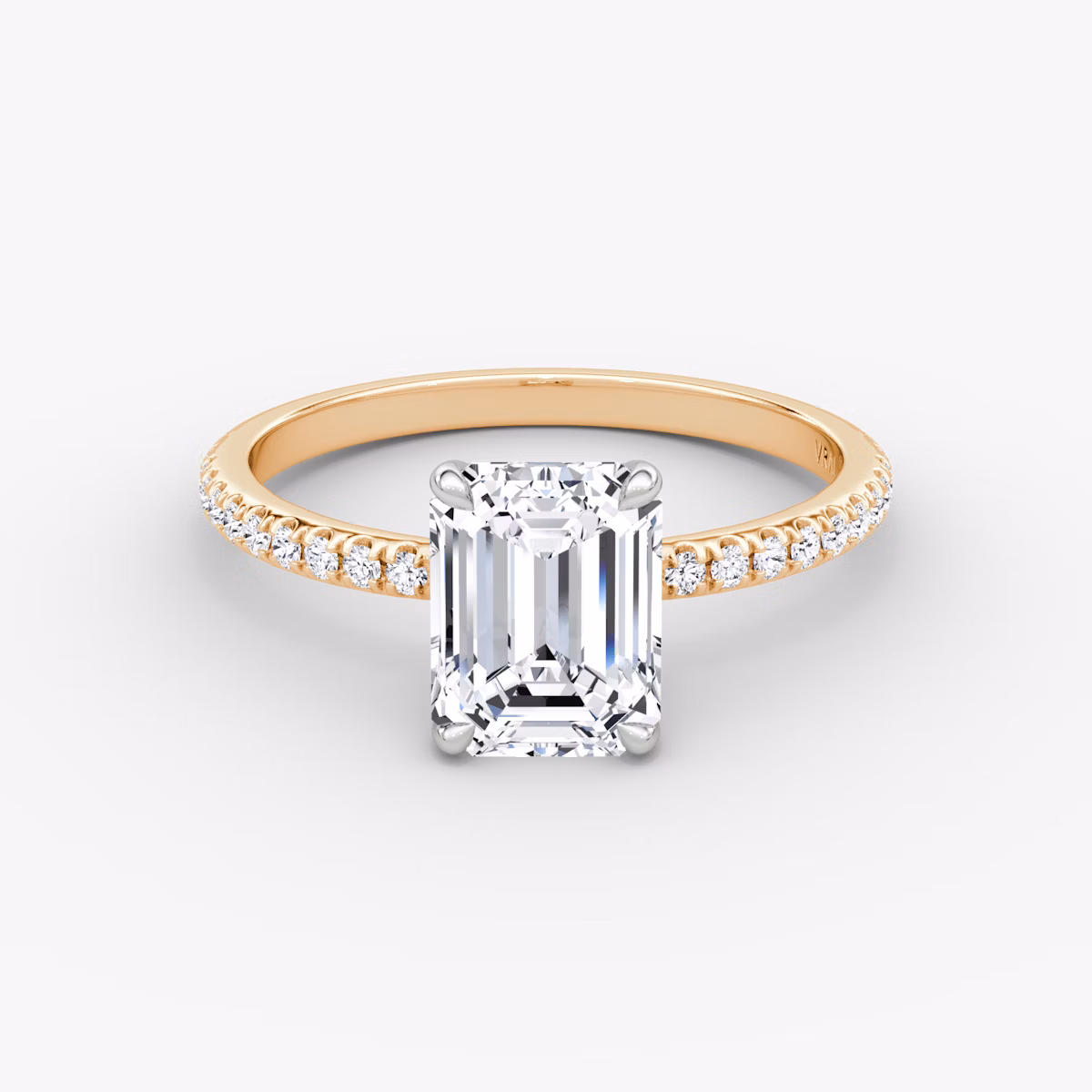 The Signature | Emerald | 14k | Rose Gold and Platinum | bandAccent: Pavé | bandWidth: standard | hiddenHalo: no | diamondOrientation: vertical | caratWeight: other