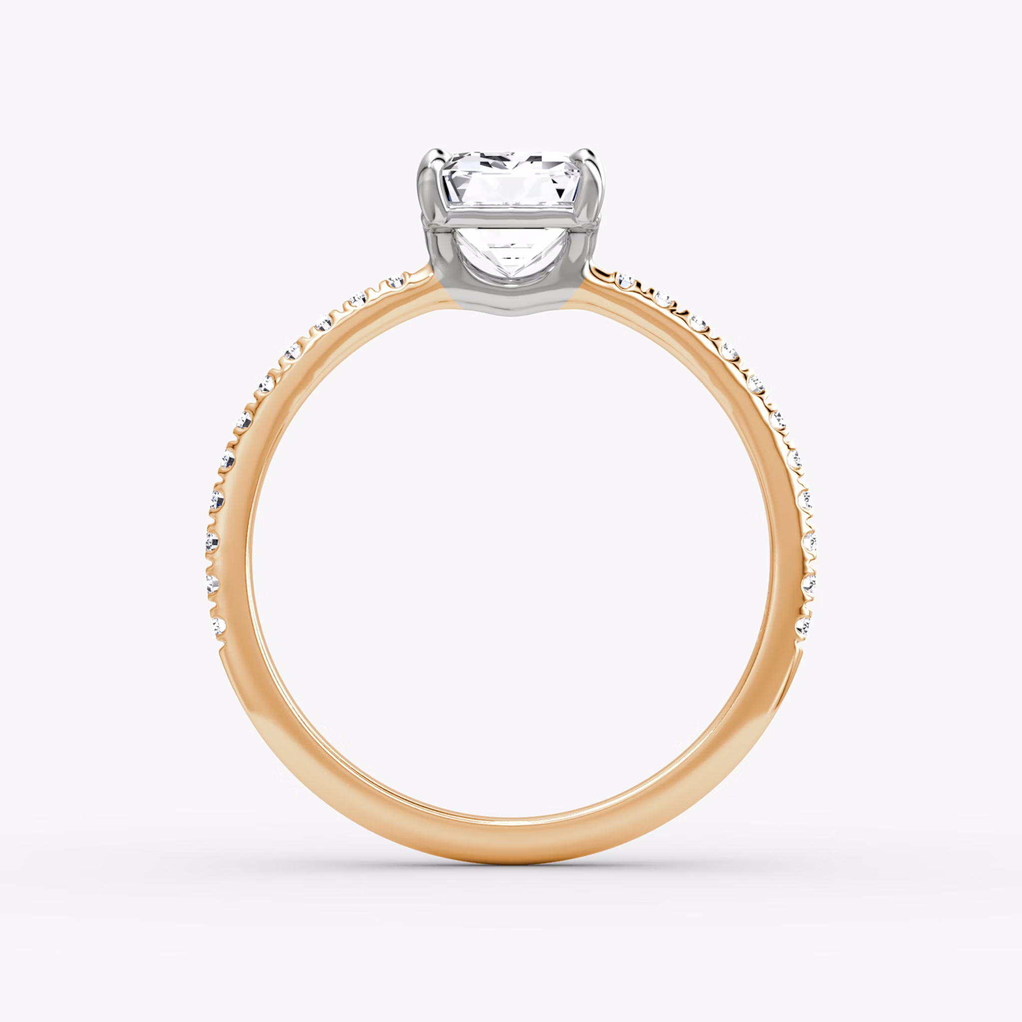 The Signature | Emerald | 14k | Rose Gold and Platinum | bandAccent: Pavé | bandWidth: standard | hiddenHalo: no | diamondOrientation: vertical | caratWeight: other