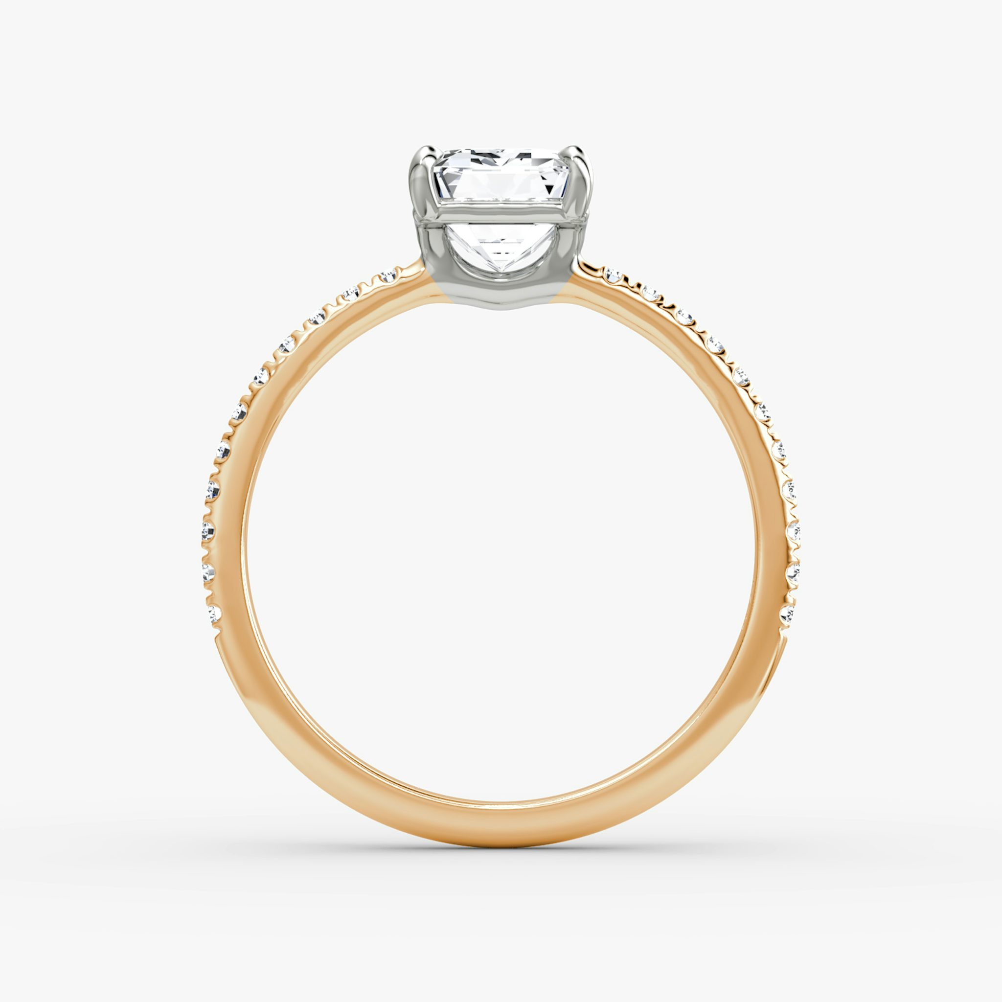 The Signature | Emerald | 14k | Rose Gold and Platinum | bandAccent: Pavé | bandWidth: standard | hiddenHalo: no | diamondOrientation: vertical | caratWeight: other