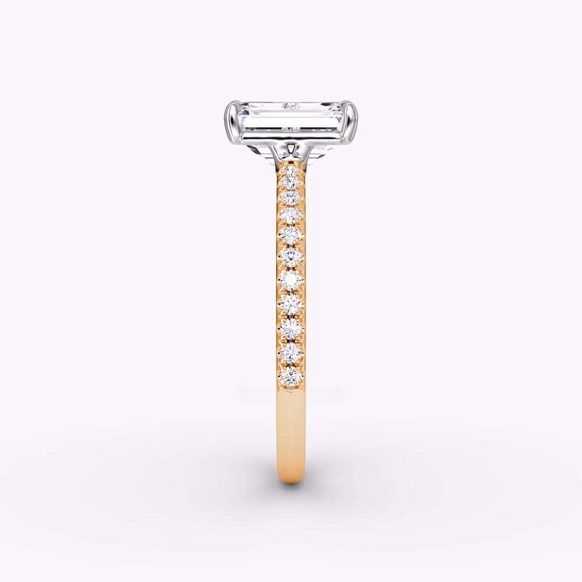 The Signature | Emerald | 14k | Rose Gold and Platinum | bandAccent: Pavé | bandWidth: standard | hiddenHalo: no | diamondOrientation: vertical | caratWeight: other
