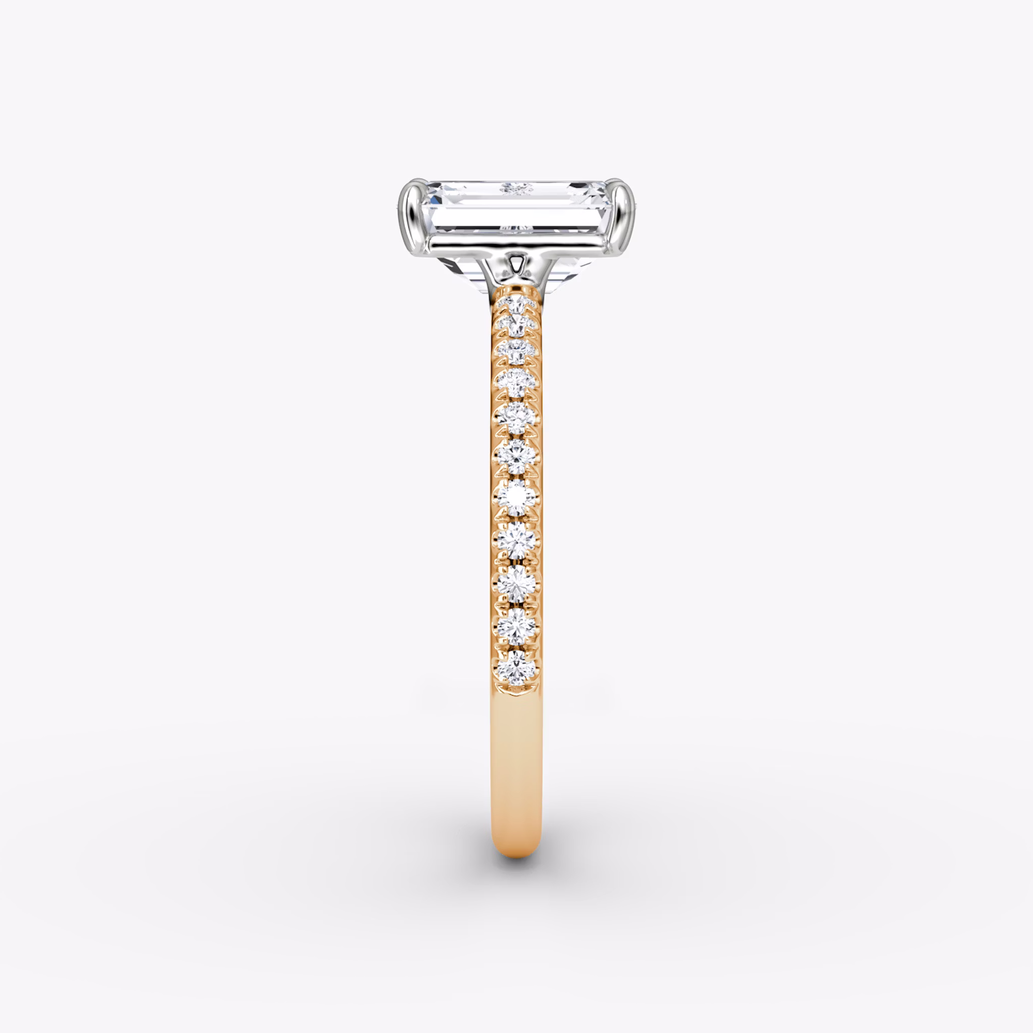 The Signature | Emerald | 14k | Rose Gold and Platinum | bandAccent: Pavé | bandWidth: standard | hiddenHalo: no | diamondOrientation: vertical | caratWeight: other