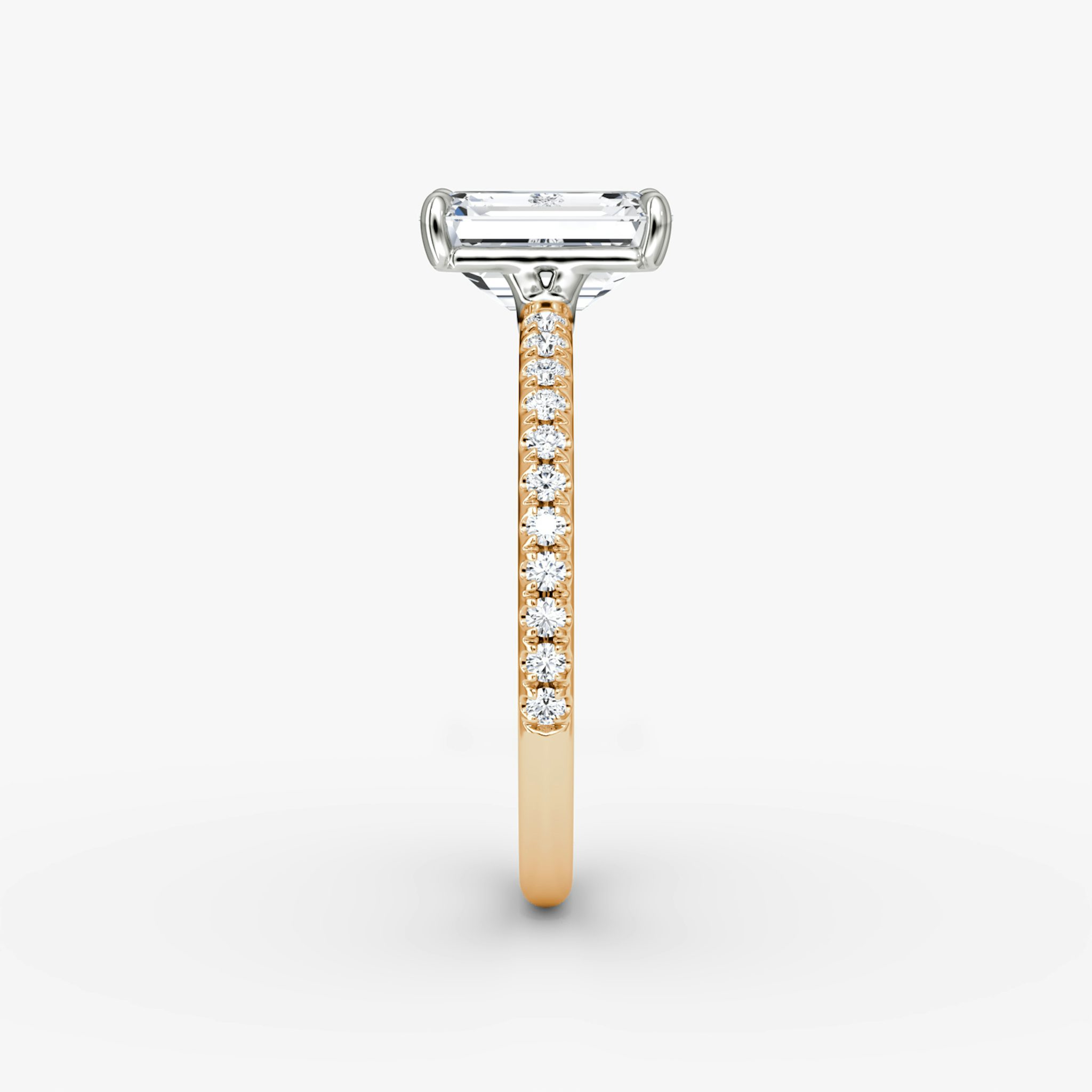 The Signature | Emerald | 14k | Rose Gold and Platinum | bandAccent: Pavé | bandWidth: standard | hiddenHalo: no | diamondOrientation: vertical | caratWeight: other