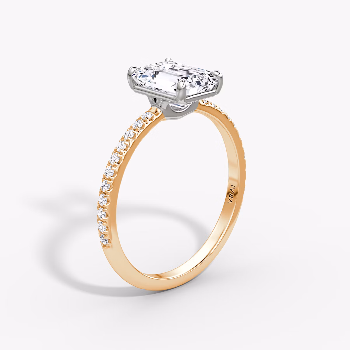 The Signature | Emerald | 14k | Rose Gold and Platinum | bandAccent: Pavé | bandWidth: standard | hiddenHalo: no | diamondOrientation: vertical | caratWeight: other