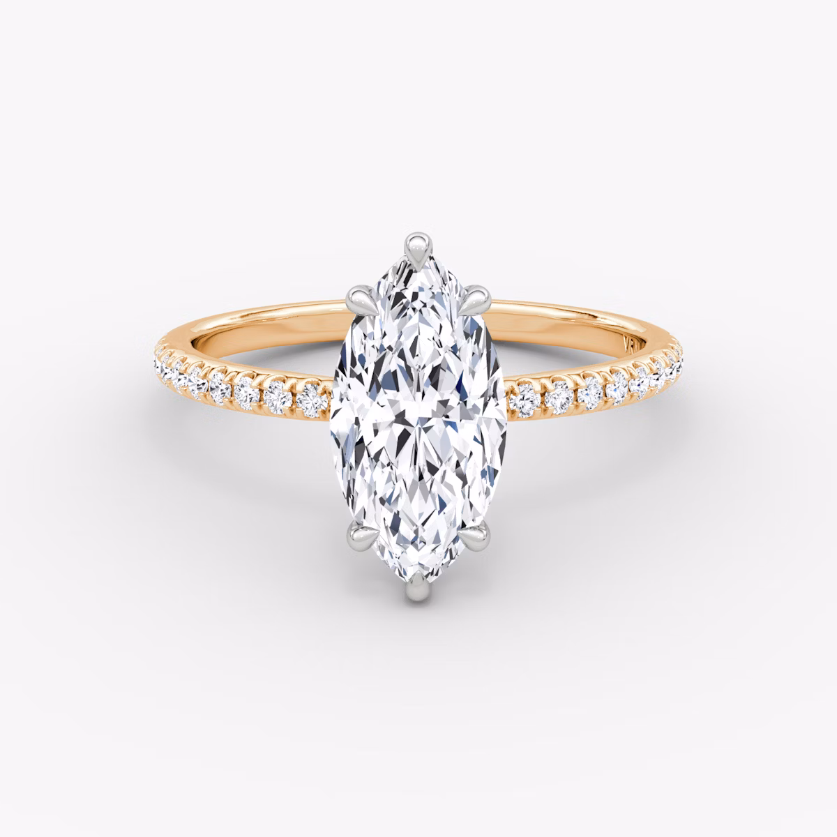 The Signature | Marquise | 14k | Rose Gold and Platinum | bandAccent: Pavé | bandWidth: standard | hiddenHalo: no | diamondOrientation: vertical | caratWeight: other