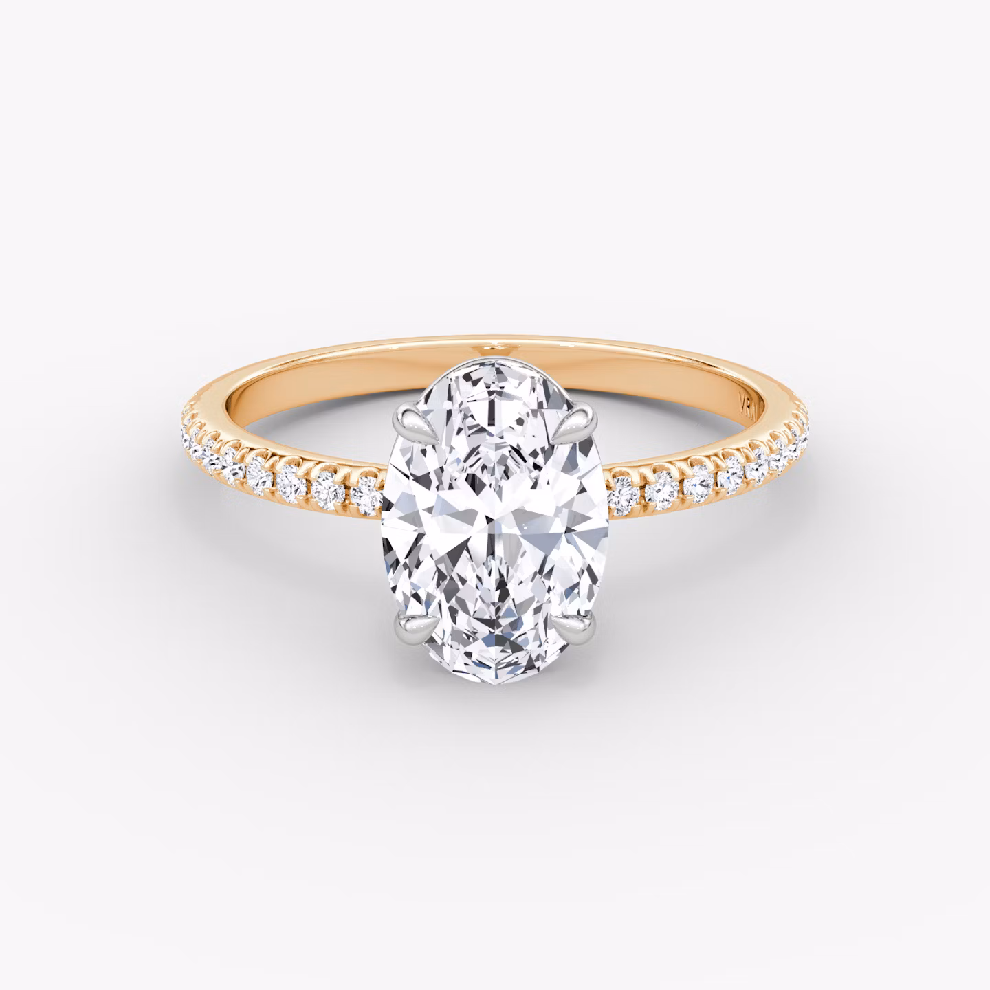 The Signature | Oval | 14k | Rose Gold and Platinum | bandAccent: Pavé | bandWidth: standard | hiddenHalo: no | diamondOrientation: vertical | caratWeight: other