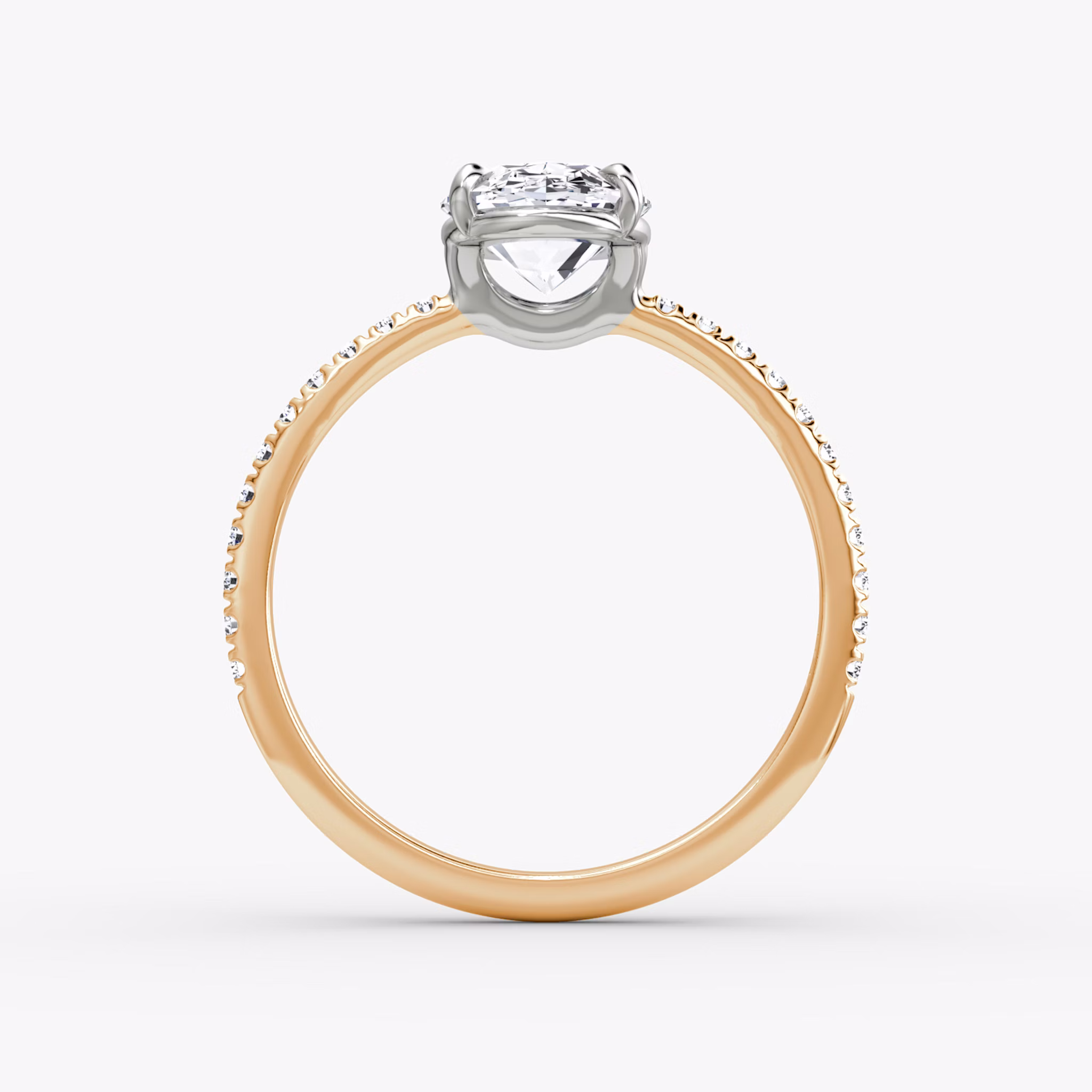 The Signature | Oval | 14k | Rose Gold and Platinum | bandAccent: Pavé | bandWidth: standard | hiddenHalo: no | diamondOrientation: vertical | caratWeight: other