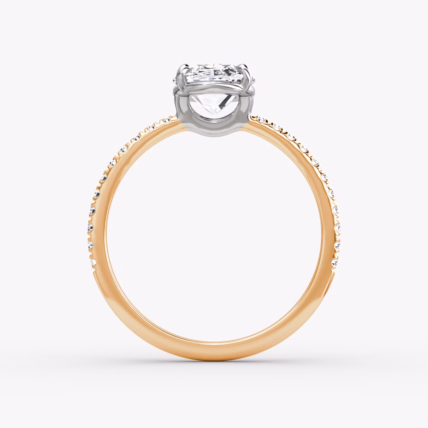 The Signature | Oval | 14k | Rose Gold and Platinum | bandAccent: Pavé | bandWidth: standard | hiddenHalo: no | diamondOrientation: vertical | caratWeight: other