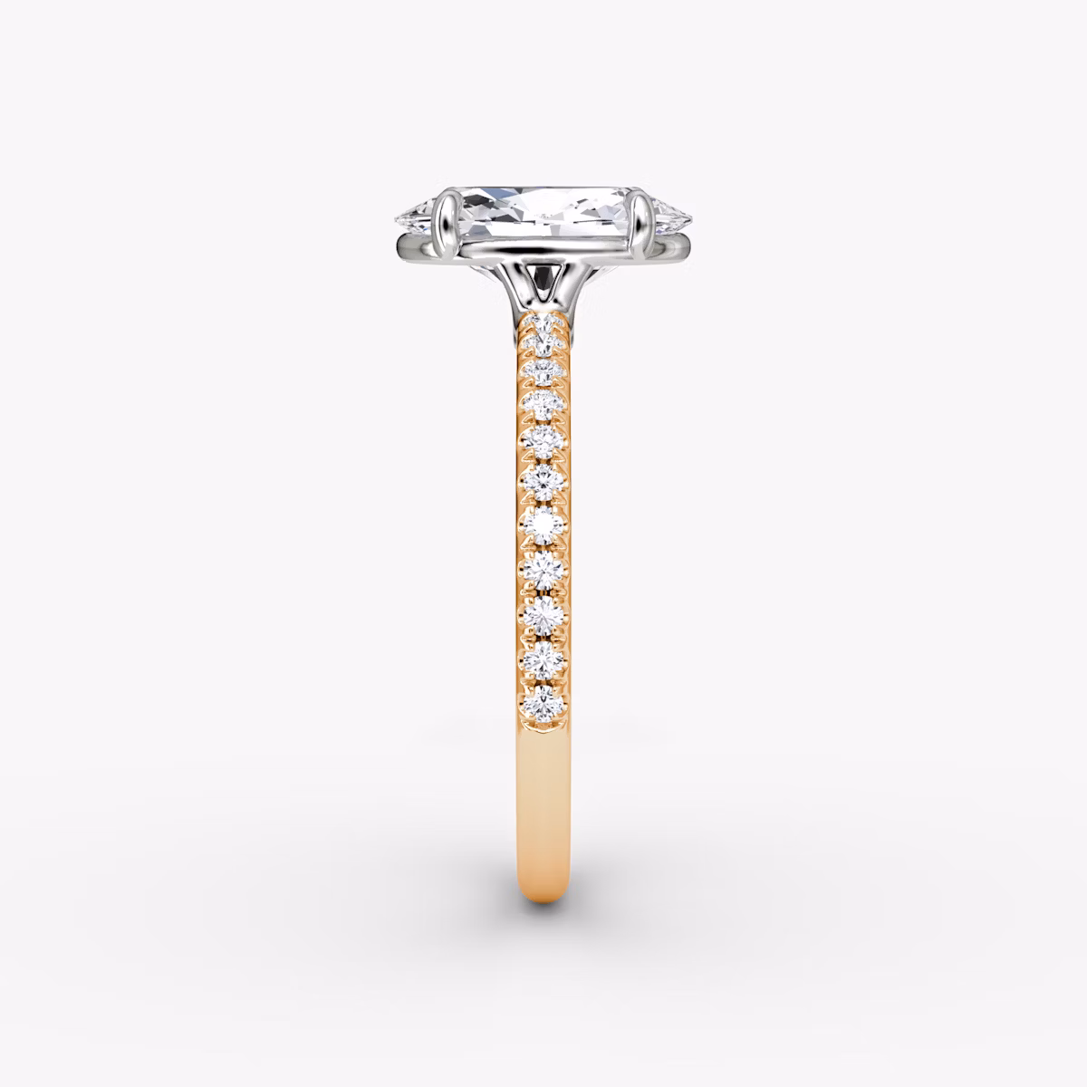 The Signature | Oval | 14k | Rose Gold and Platinum | bandAccent: Pavé | bandWidth: standard | hiddenHalo: no | diamondOrientation: vertical | caratWeight: other