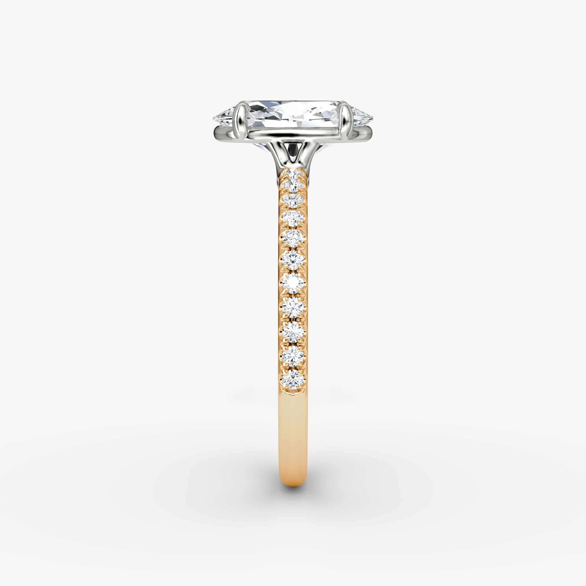 The Signature | Oval | 14k | Rose Gold and Platinum | bandAccent: Pavé | bandWidth: standard | hiddenHalo: no | diamondOrientation: vertical | caratWeight: other
