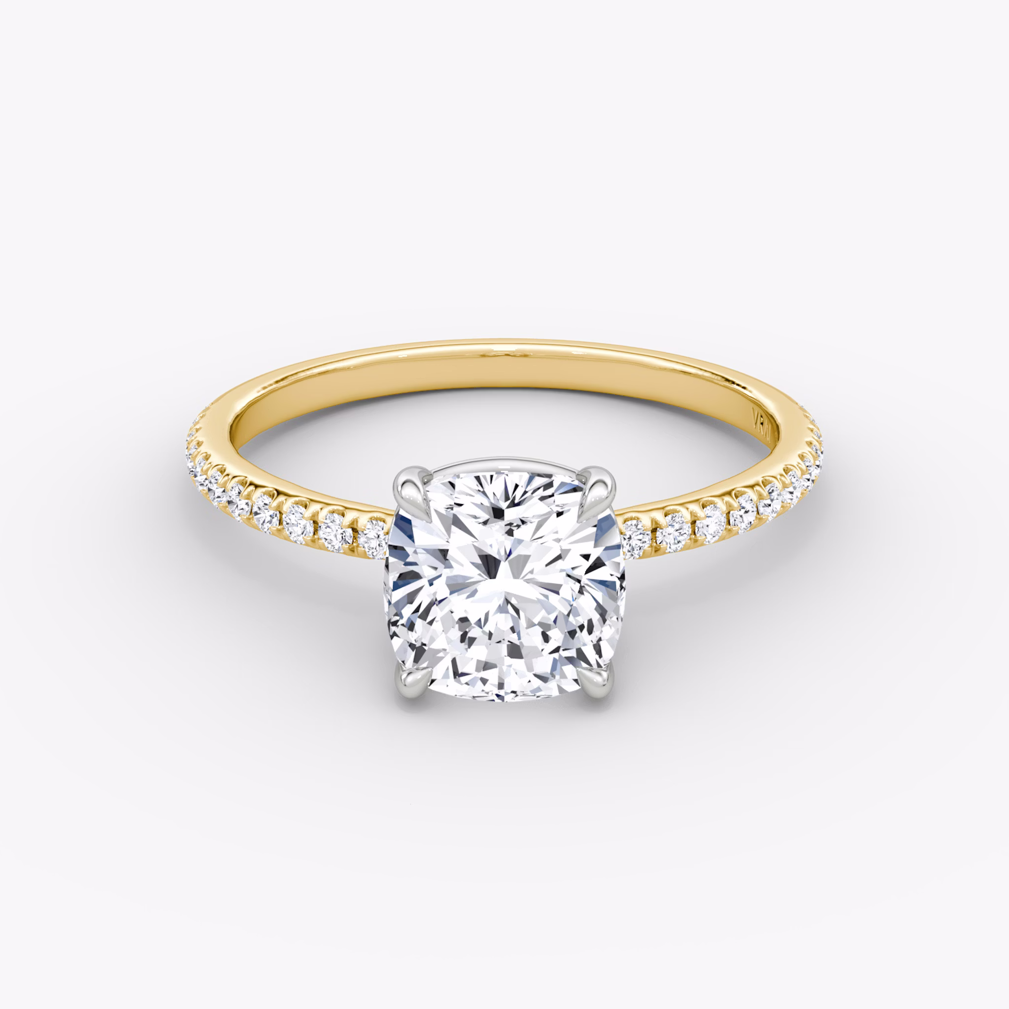The Signature | Cushion | 18k | Yellow Gold and Platinum | bandAccent: Pavé | bandWidth: standard | hiddenHalo: no | diamondOrientation: vertical | caratWeight: other