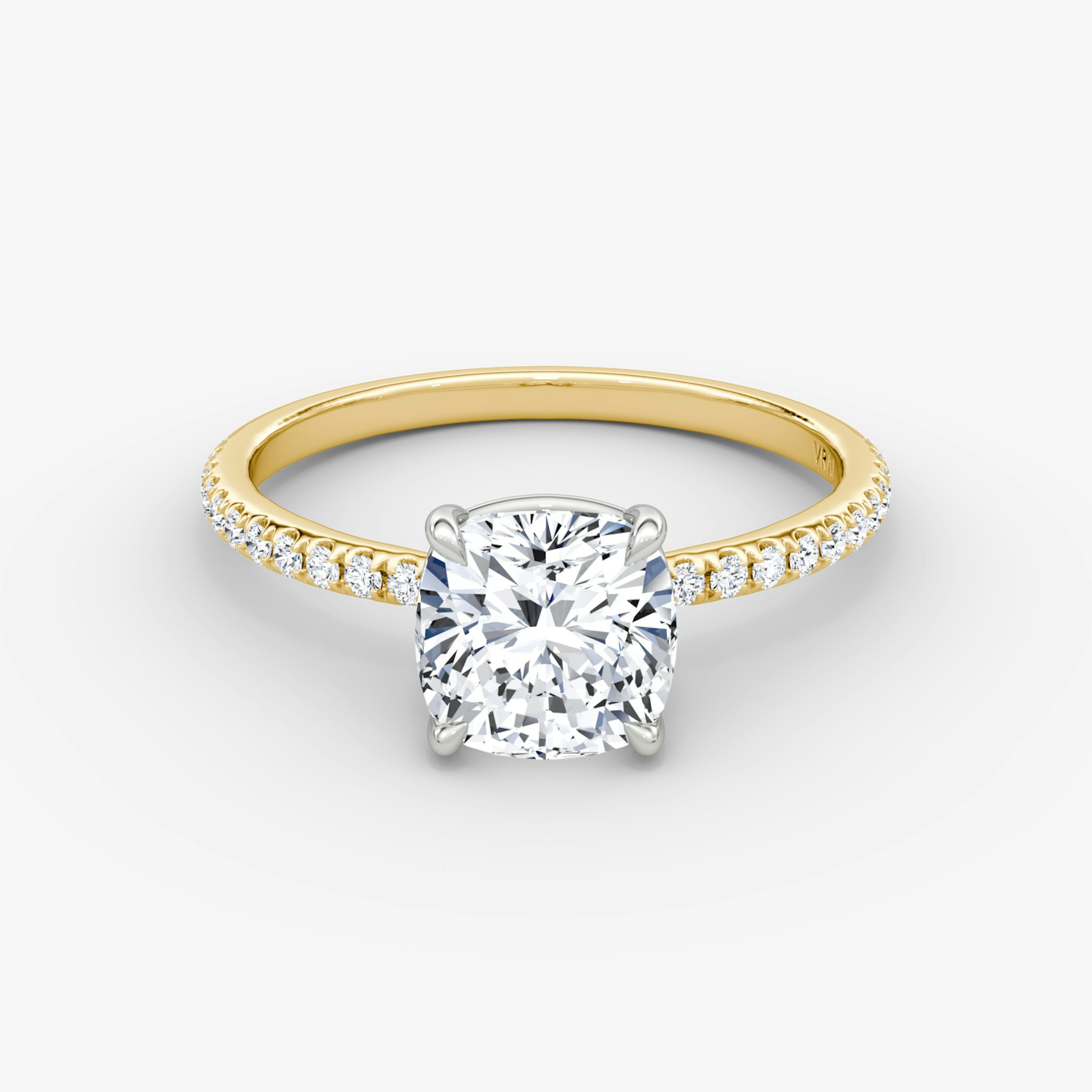 The Signature | Cushion | 18k | Yellow Gold and Platinum | bandAccent: Pavé | bandWidth: standard | hiddenHalo: no | diamondOrientation: vertical | caratWeight: other
