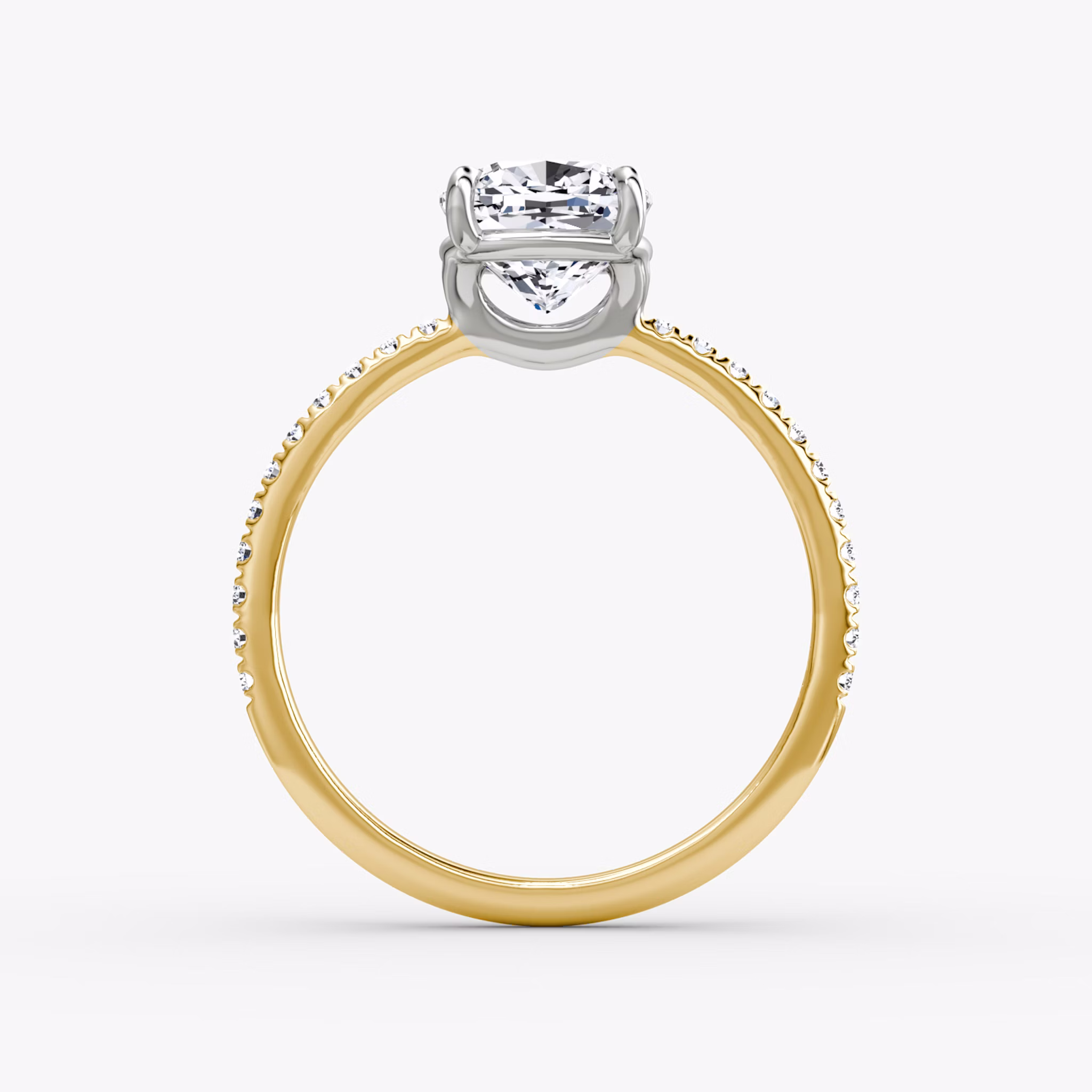 The Signature | Cushion | 18k | Yellow Gold and Platinum | bandAccent: Pavé | bandWidth: standard | hiddenHalo: no | diamondOrientation: vertical | caratWeight: other