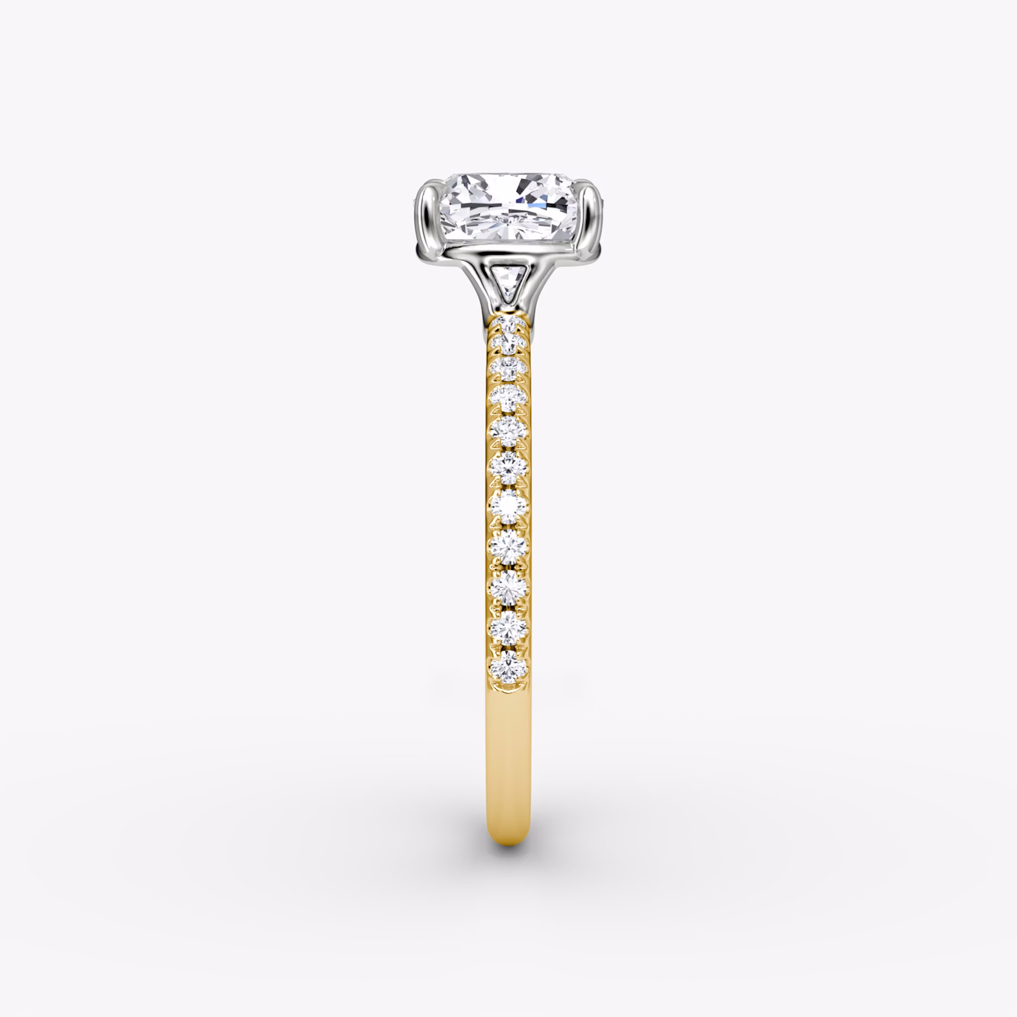 The Signature | Cushion | 18k | Yellow Gold and Platinum | bandAccent: Pavé | bandWidth: standard | hiddenHalo: no | diamondOrientation: vertical | caratWeight: other