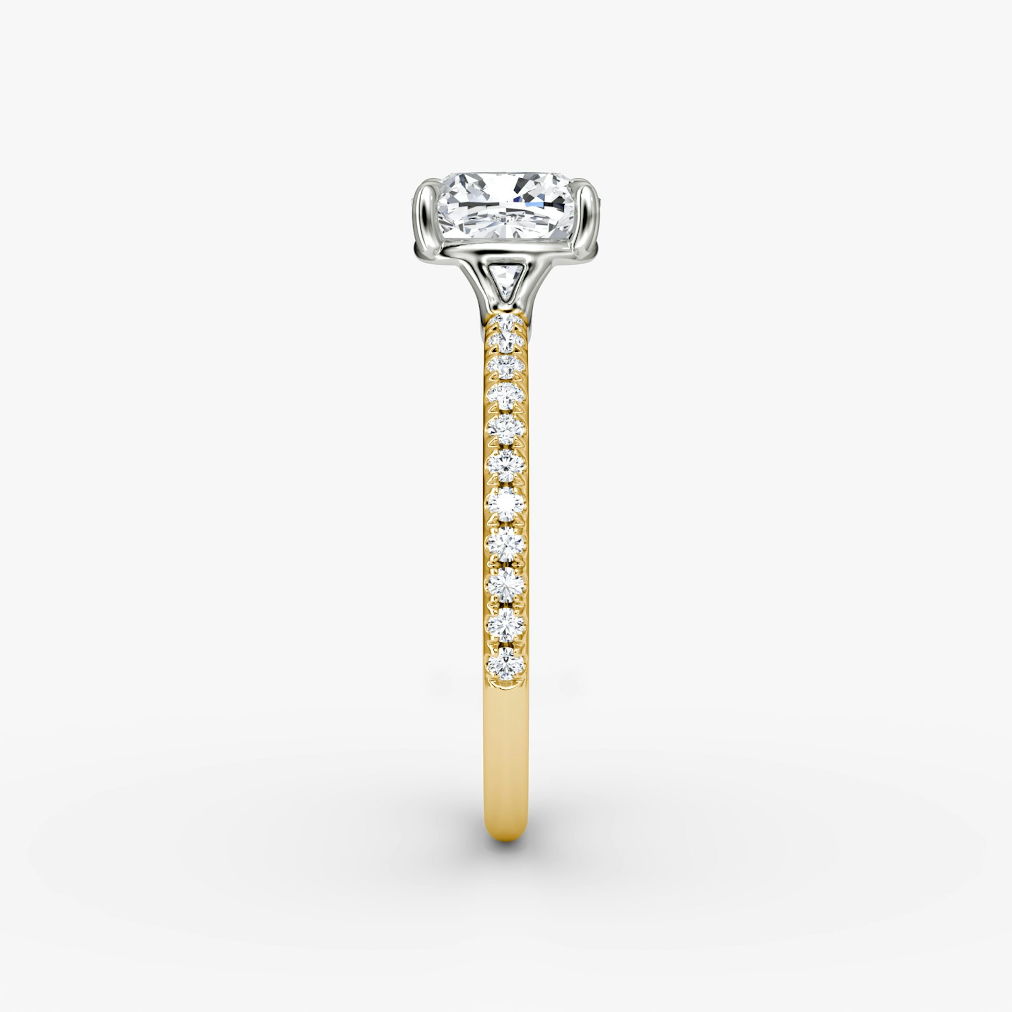 The Signature | Cushion | 18k | Yellow Gold and Platinum | bandAccent: Pavé | bandWidth: standard | hiddenHalo: no | diamondOrientation: vertical | caratWeight: other