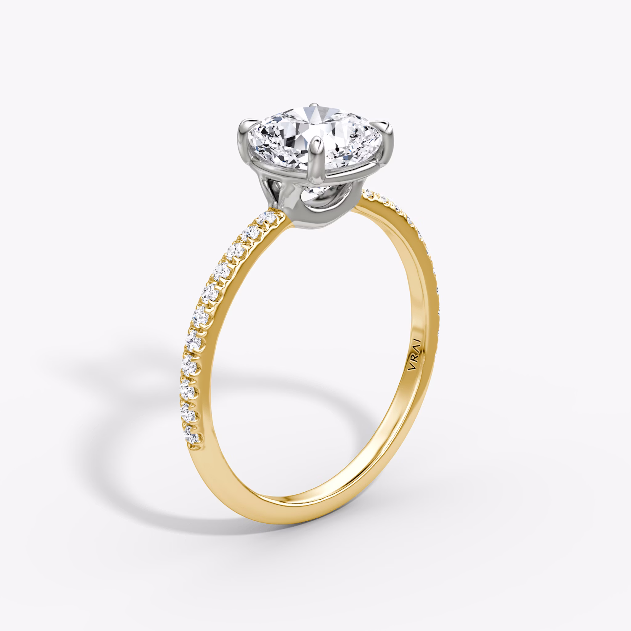 The Signature | Cushion | 18k | Yellow Gold and Platinum | bandAccent: Pavé | bandWidth: standard | hiddenHalo: no | diamondOrientation: vertical | caratWeight: other
