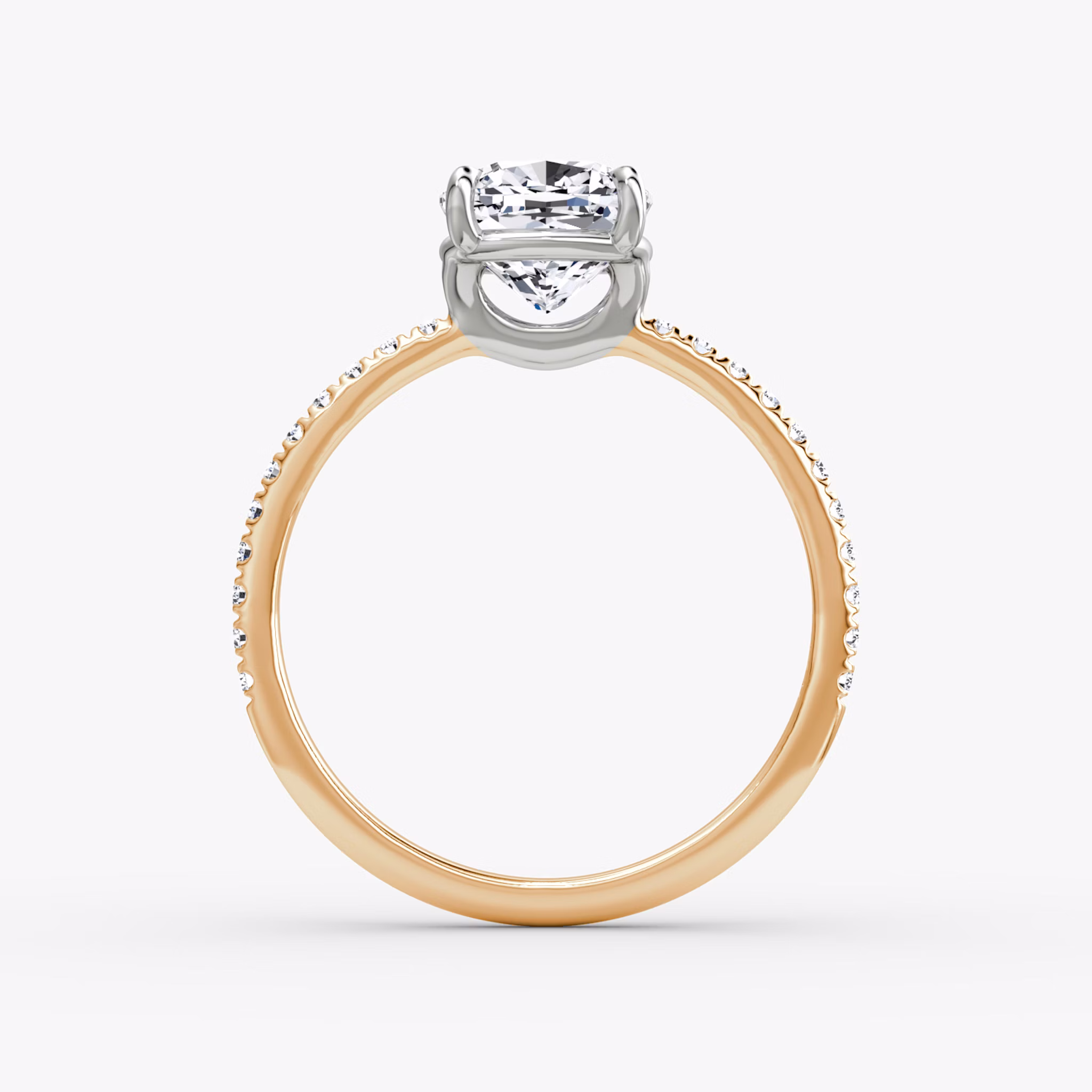 The Signature | Cushion | 14k | Rose Gold and Platinum | bandAccent: Pavé | bandWidth: standard | hiddenHalo: no | diamondOrientation: vertical | caratWeight: other