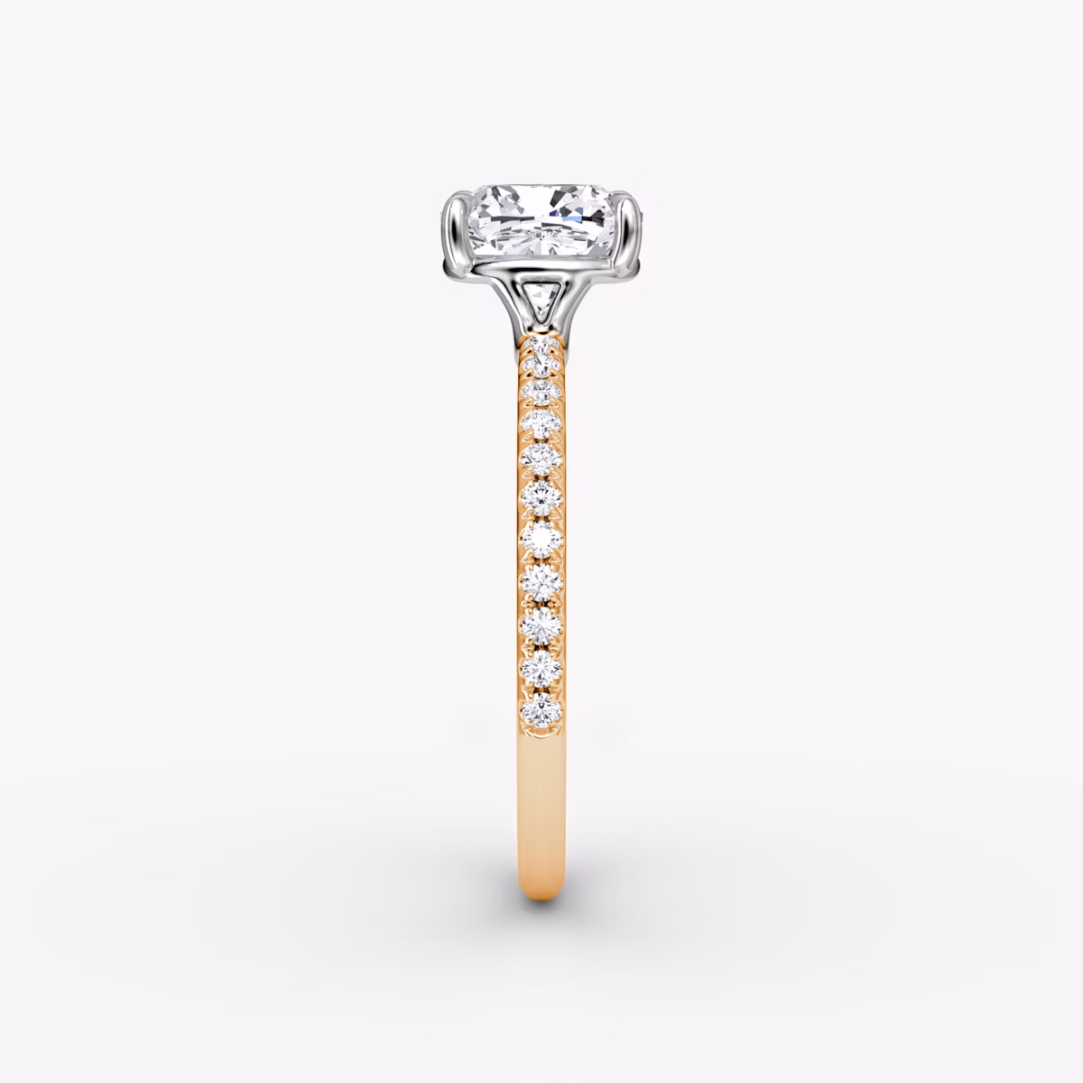 The Signature | Cushion | 14k | Rose Gold and Platinum | bandAccent: Pavé | bandWidth: standard | hiddenHalo: no | diamondOrientation: vertical | caratWeight: other