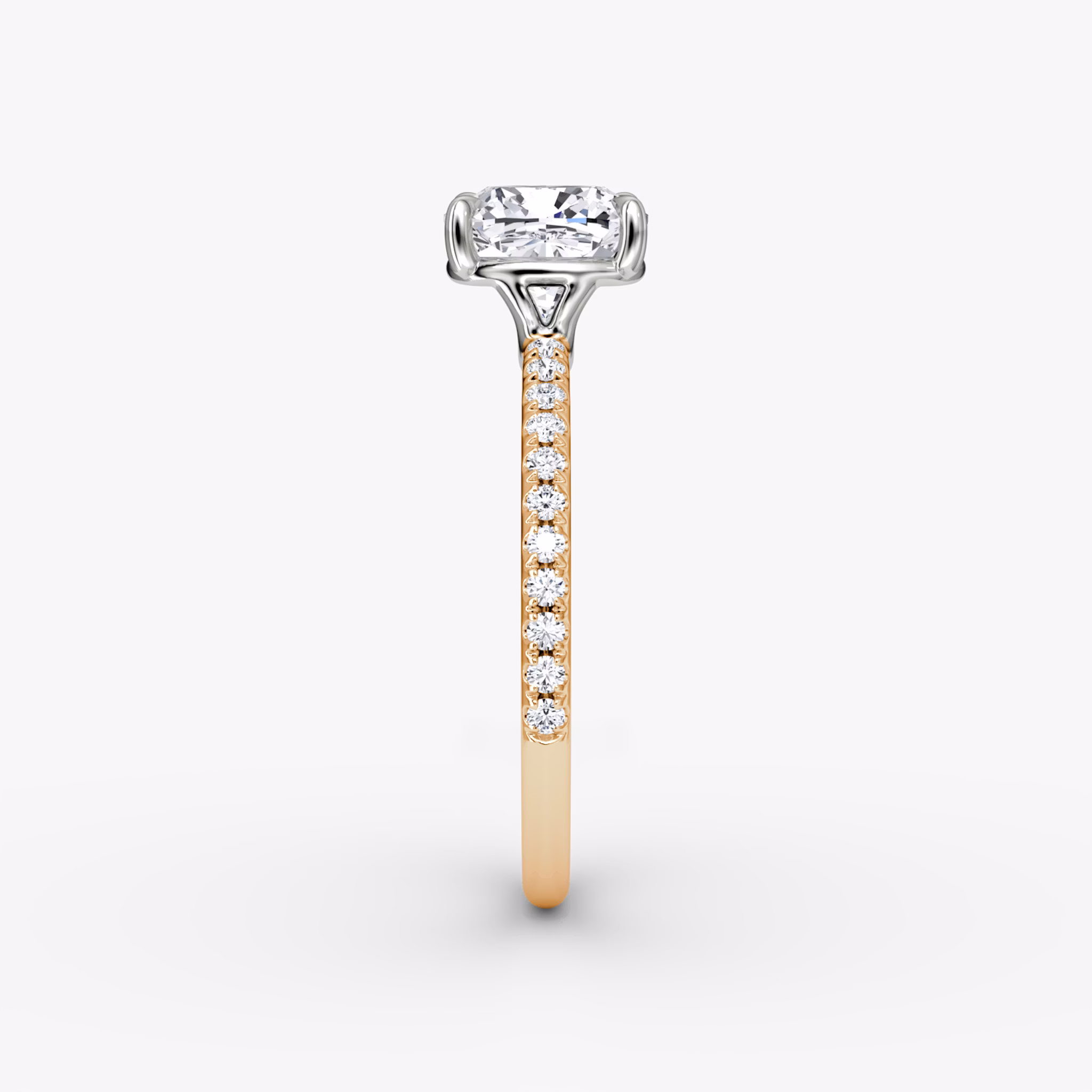 The Signature | Cushion | 14k | Rose Gold and Platinum | bandAccent: Pavé | bandWidth: standard | hiddenHalo: no | diamondOrientation: vertical | caratWeight: other