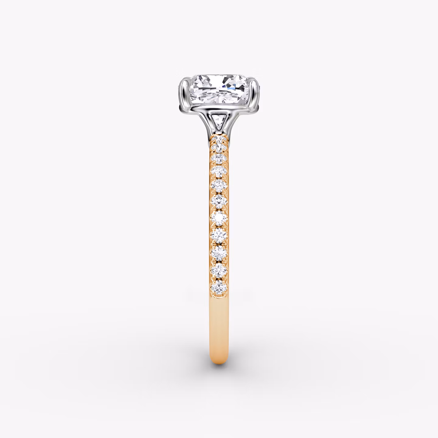 The Signature | Cushion | 14k | Rose Gold and Platinum | bandAccent: Pavé | bandWidth: standard | hiddenHalo: no | diamondOrientation: vertical | caratWeight: other