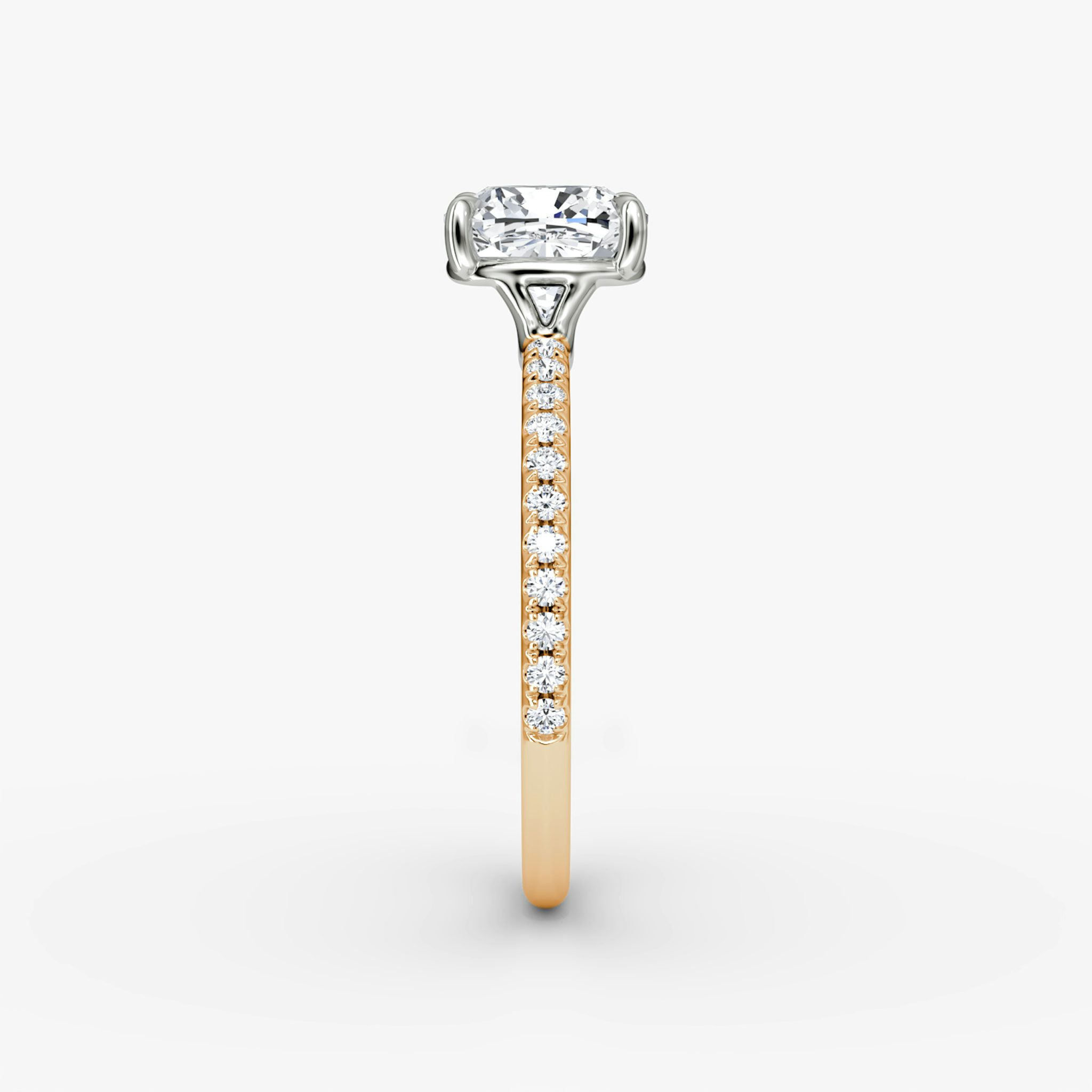 The Signature | Cushion | 14k | Rose Gold and Platinum | bandAccent: Pavé | bandWidth: standard | hiddenHalo: no | diamondOrientation: vertical | caratWeight: other