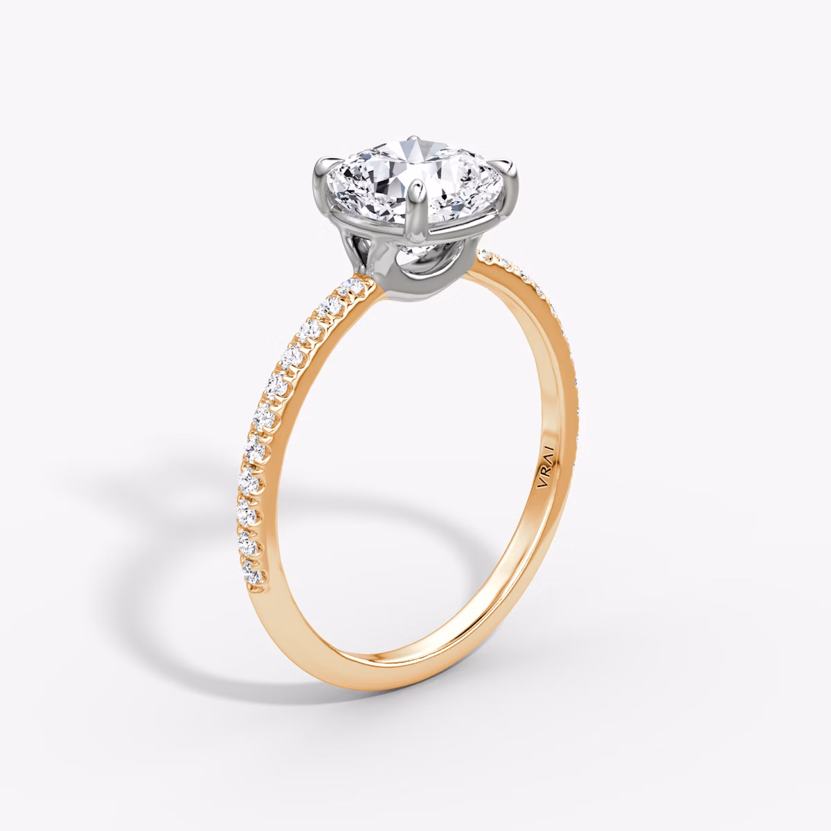 The Signature | Cushion | 14k | Rose Gold and Platinum | bandAccent: Pavé | bandWidth: standard | hiddenHalo: no | diamondOrientation: vertical | caratWeight: other