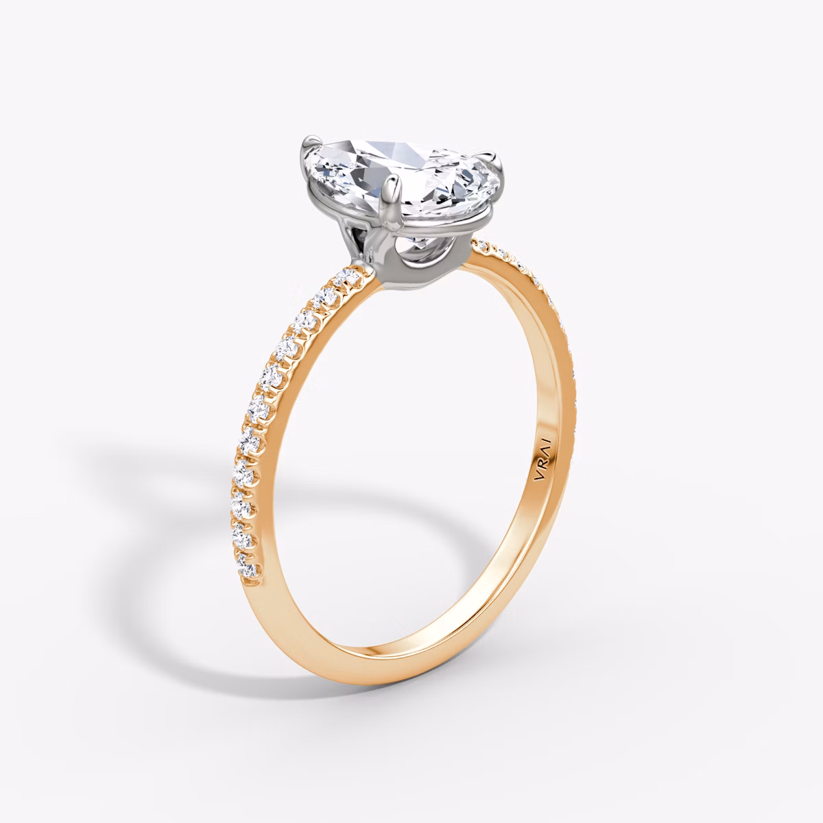 The Signature | Pear | 14k | Rose Gold and Platinum | bandAccent: Pavé | bandWidth: standard | hiddenHalo: no | diamondOrientation: vertical | caratWeight: other