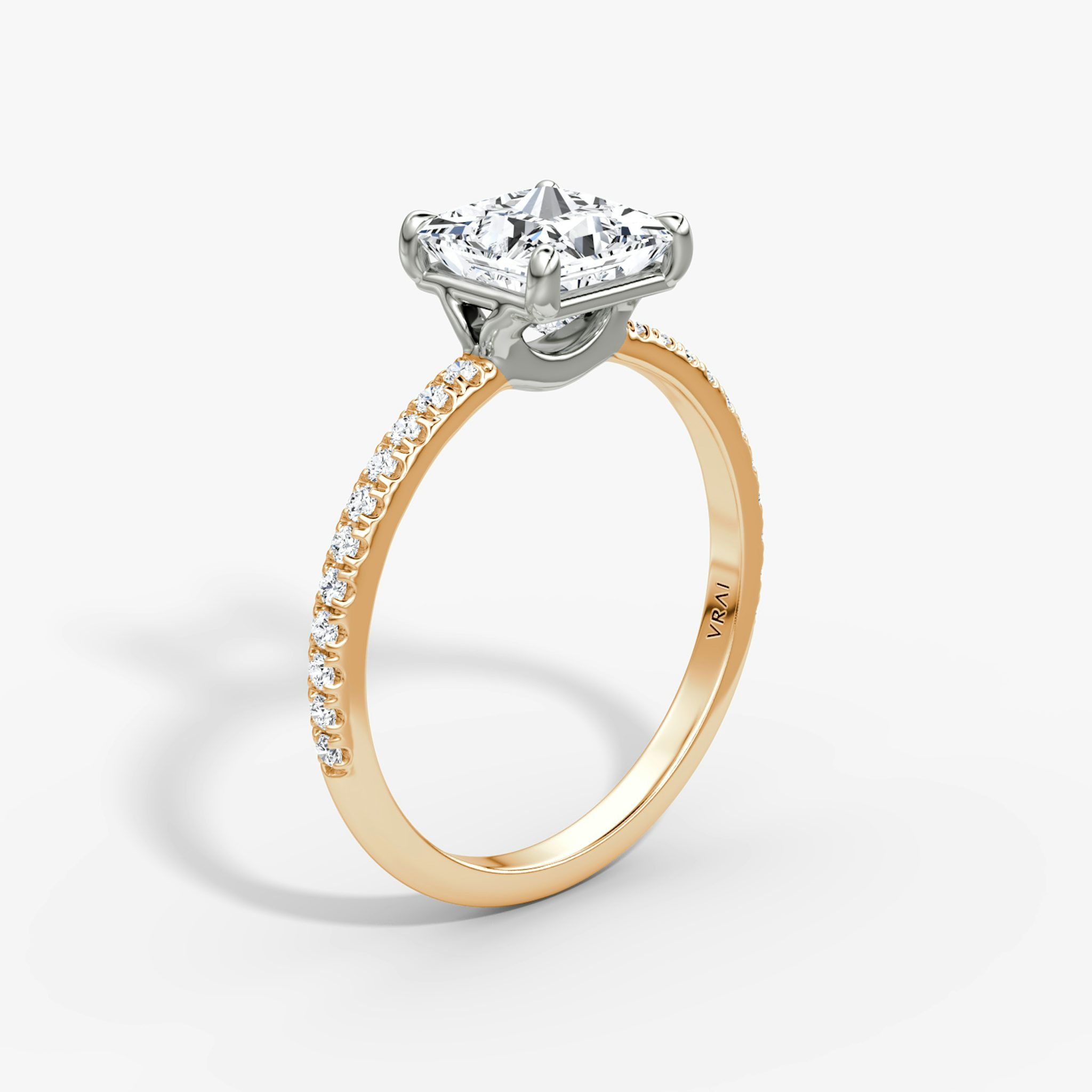 The Signature | Princess | 14k | Rose Gold and Platinum | bandAccent: Pavé | bandWidth: standard | hiddenHalo: no | diamondOrientation: vertical | caratWeight: other