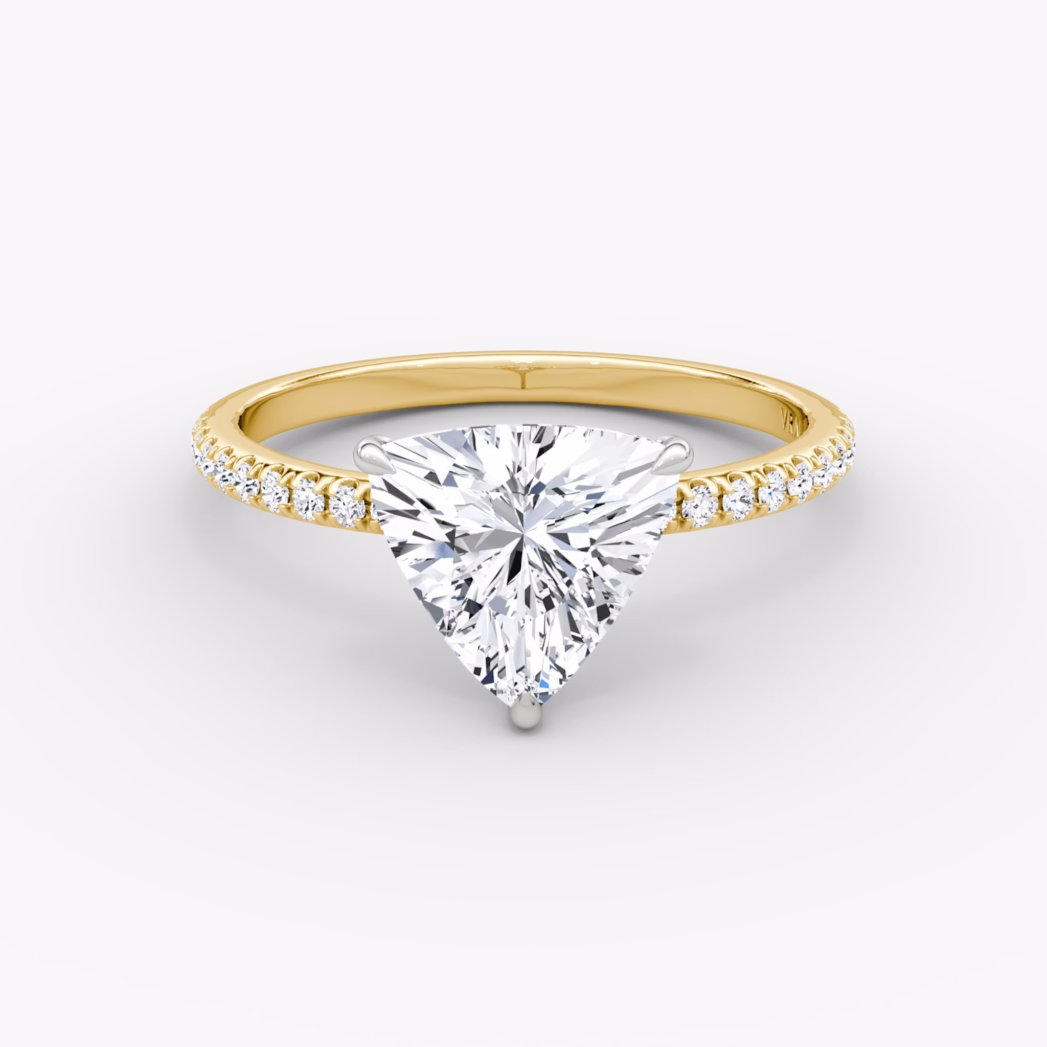 The Signature | Trillion | 18k | Yellow Gold and Platinum | bandAccent: Pavé | bandWidth: standard | hiddenHalo: no | diamondOrientation: vertical | caratWeight: other