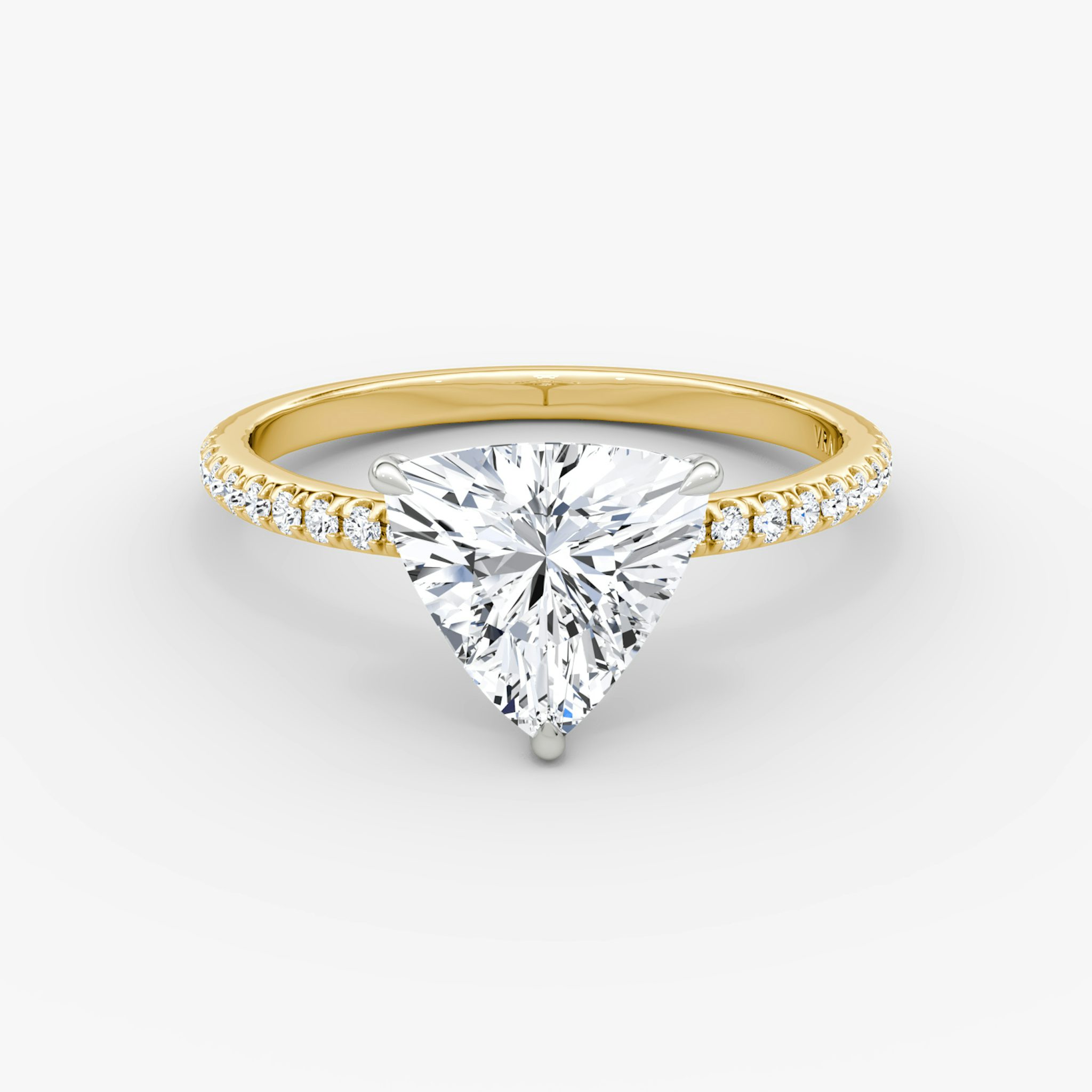 The Signature | Trillion | 18k | Yellow Gold and Platinum | bandAccent: Pavé | bandWidth: standard | hiddenHalo: no | diamondOrientation: vertical | caratWeight: other