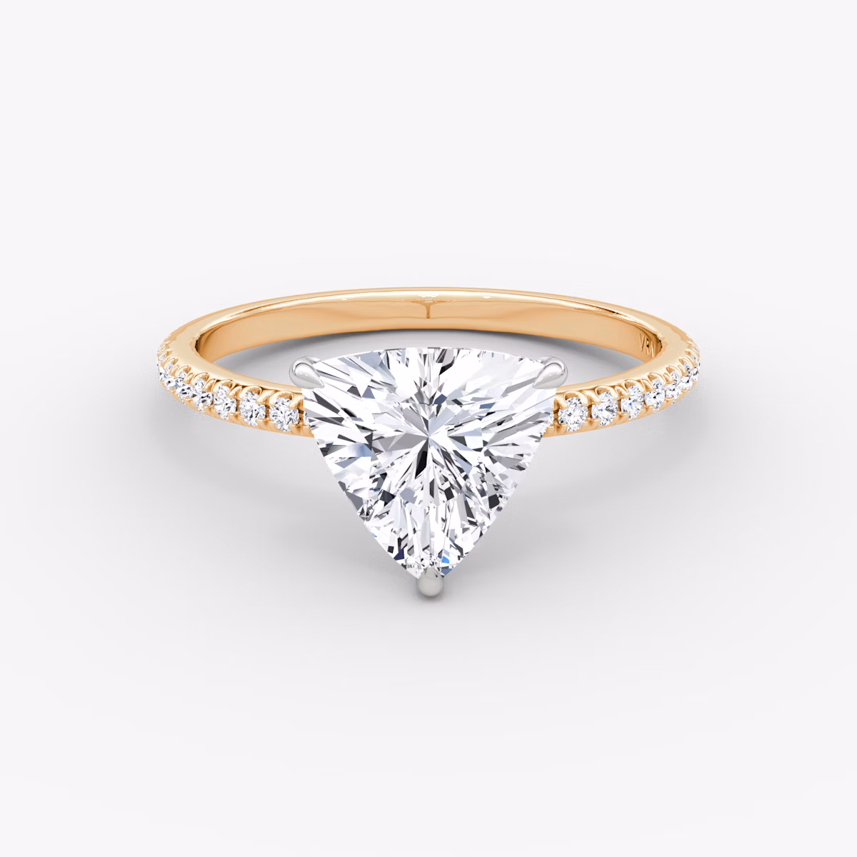 The Signature | Trillion | 14k | Rose Gold and Platinum | bandAccent: Pavé | bandWidth: standard | hiddenHalo: no | diamondOrientation: vertical | caratWeight: other