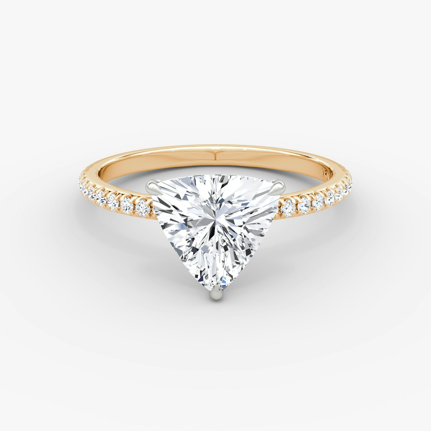 The Signature | Trillion | 14k | Rose Gold and Platinum | bandAccent: Pavé | bandWidth: standard | hiddenHalo: no | diamondOrientation: vertical | caratWeight: other
