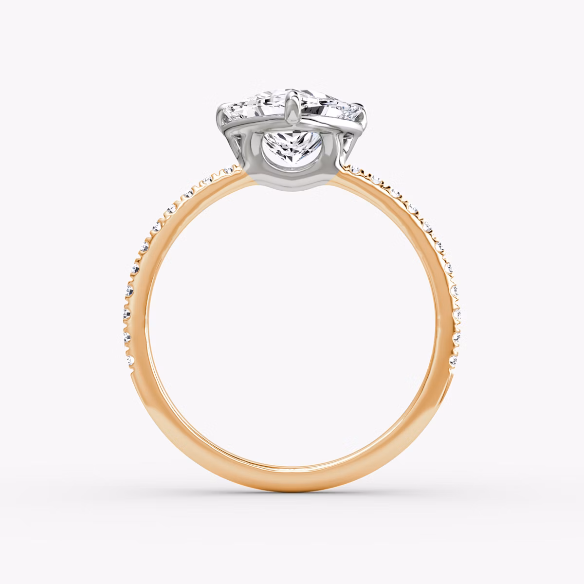 The Signature | Trillion | 14k | Rose Gold and Platinum | bandAccent: Pavé | bandWidth: standard | hiddenHalo: no | diamondOrientation: vertical | caratWeight: other